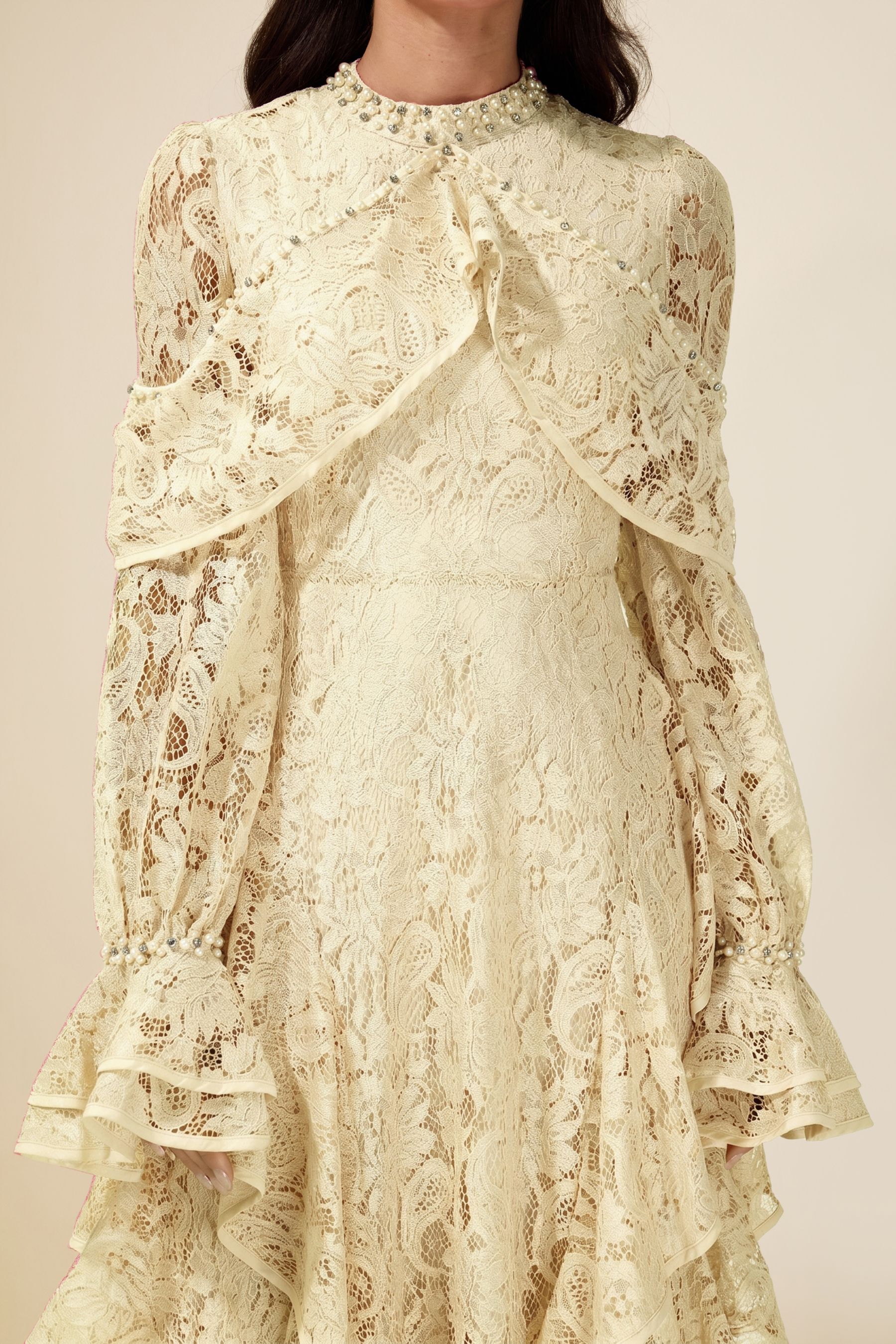 Lace Rhinestone Rivets Ruffle Maxi Dress