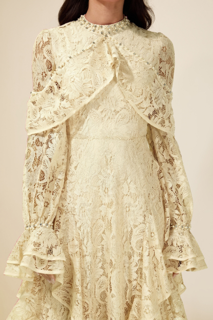 Lace Rhinestone Rivets Ruffle Maxi Dress