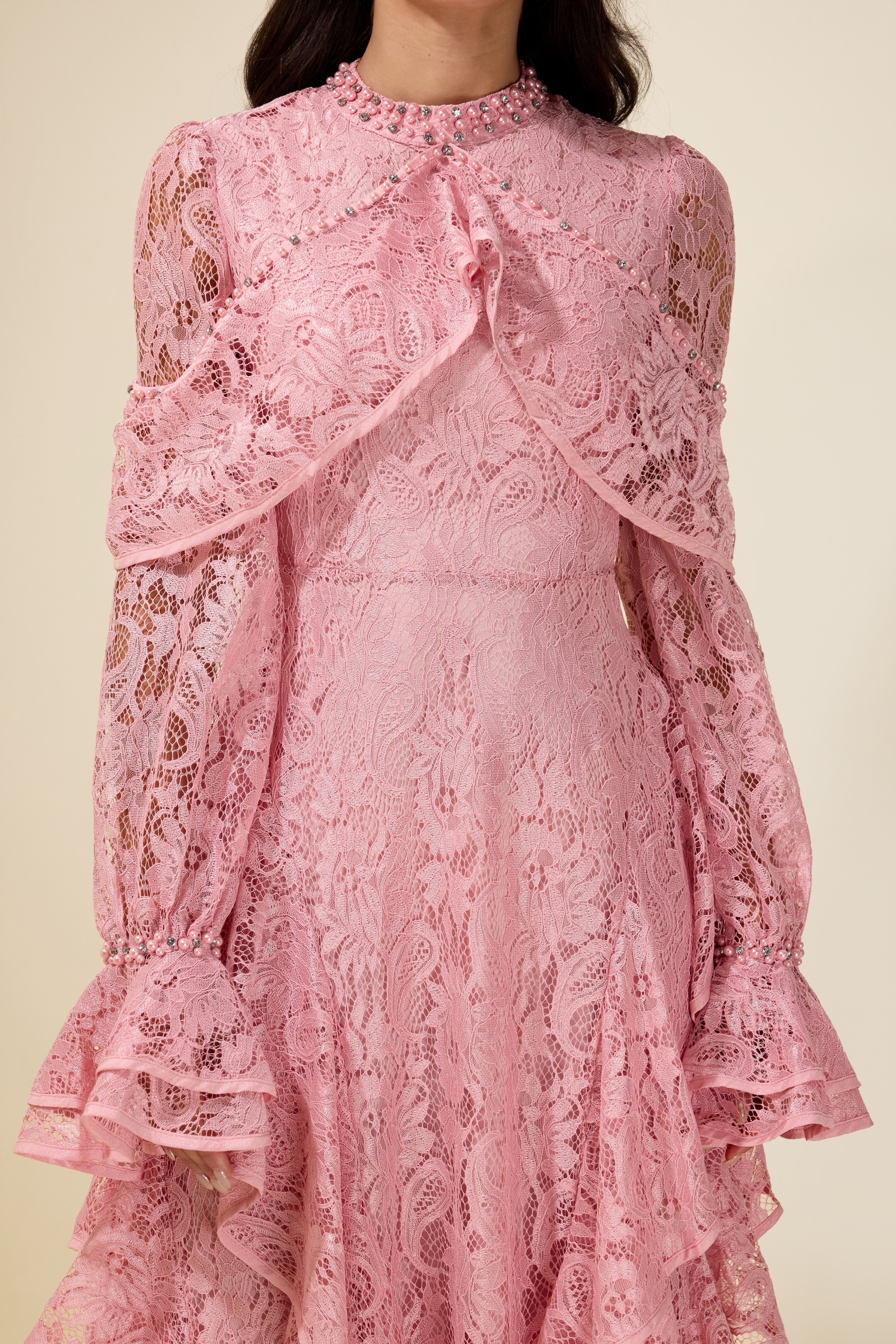 Lace Rhinestone Rivets Ruffle Maxi Dress