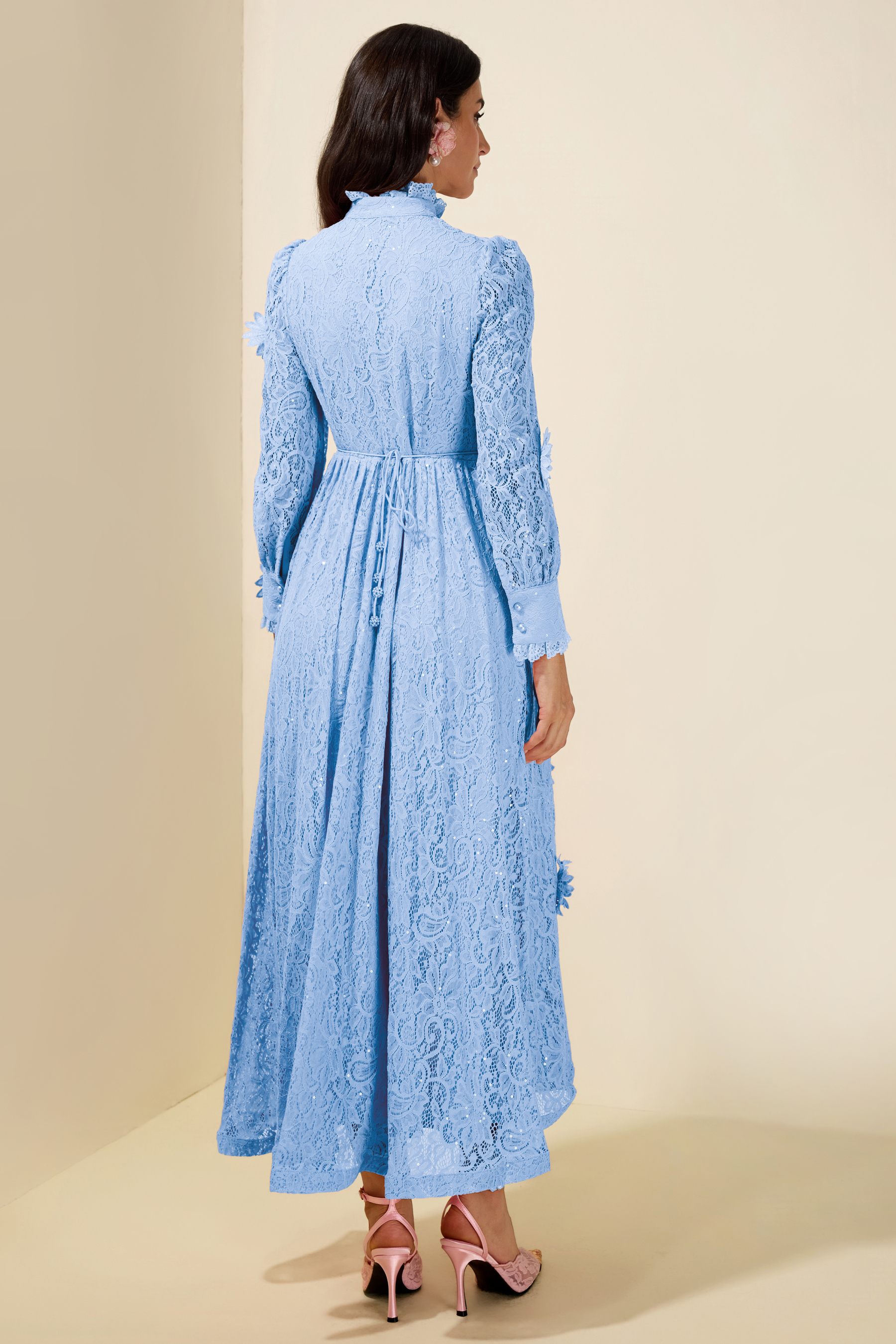 3D Flower Lace Long Sleeve Midi Dress