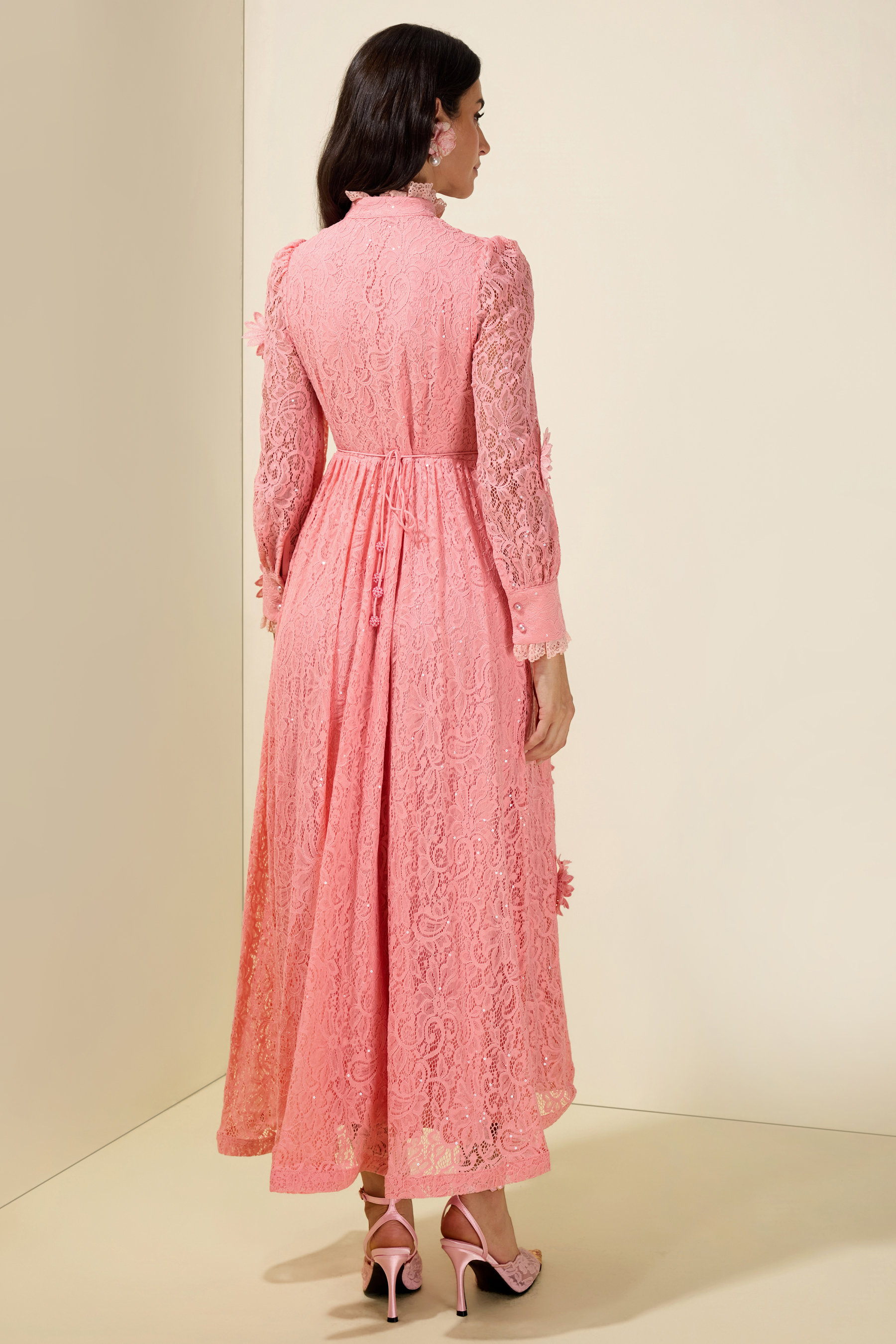 3D Flower Lace Long Sleeve Midi Dress