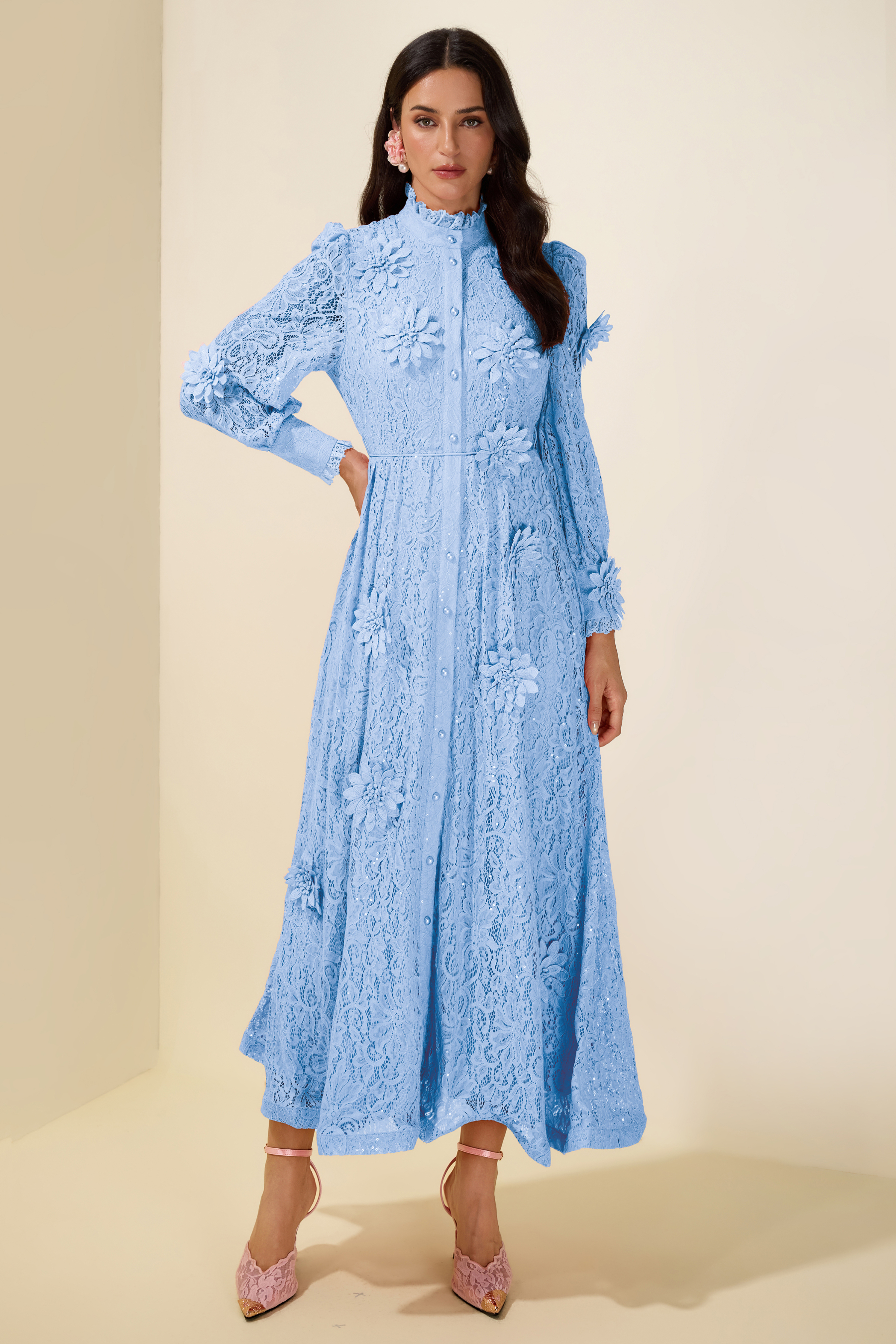 3D Flower Lace Long Sleeve Midi Dress