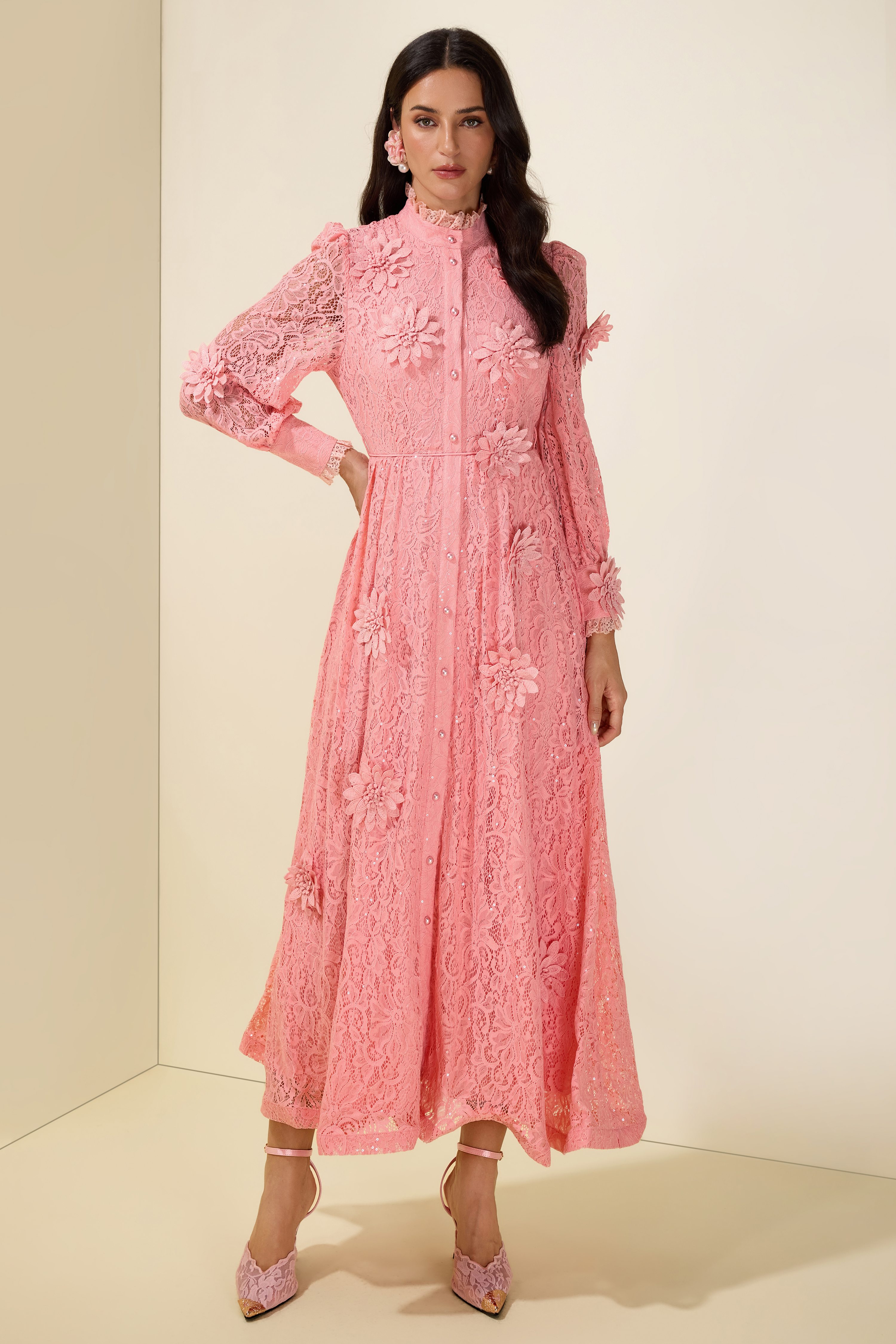 3D Flower Lace Long Sleeve Midi Dress