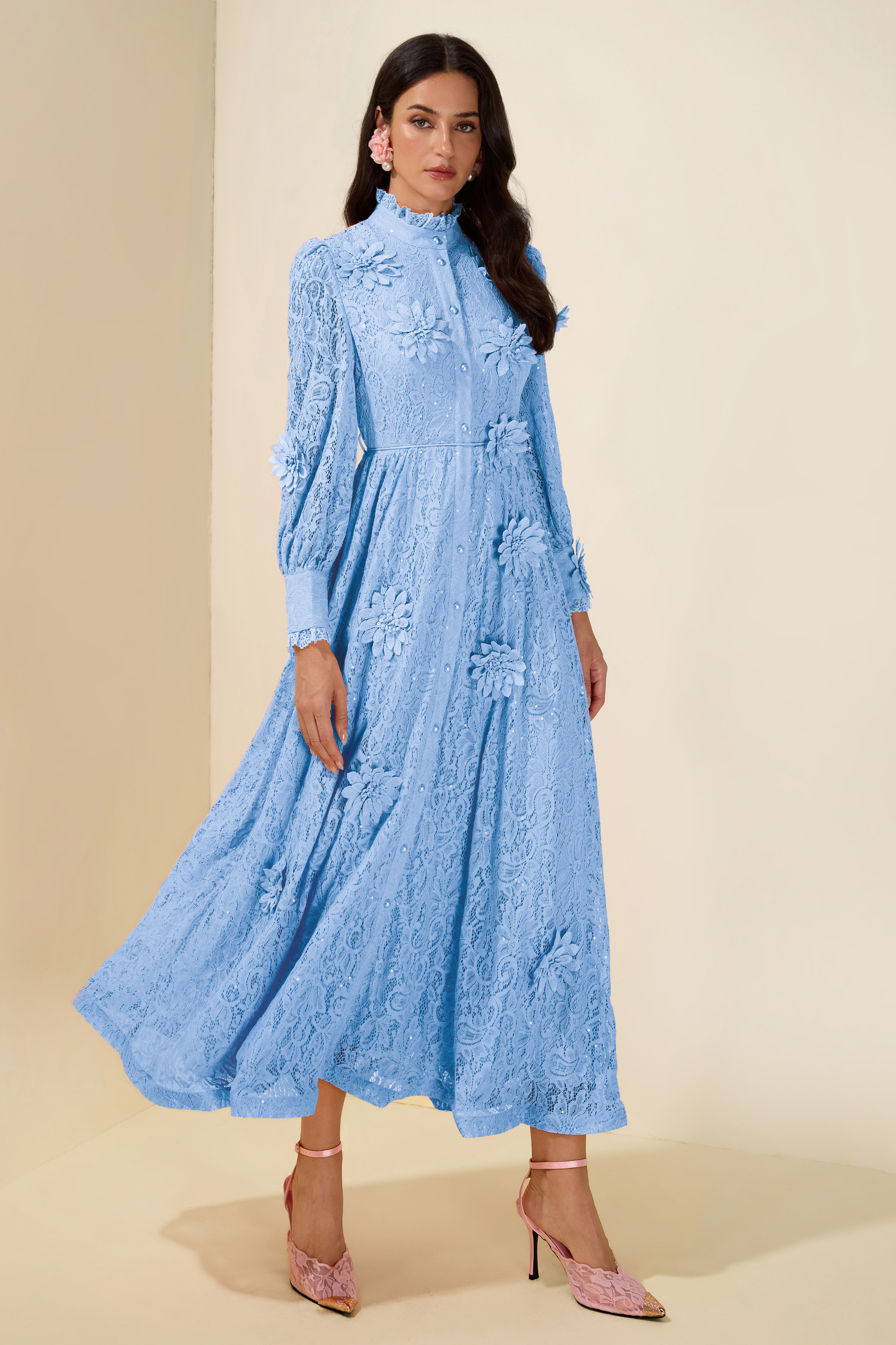 3D Flower Lace Long Sleeve Midi Dress
