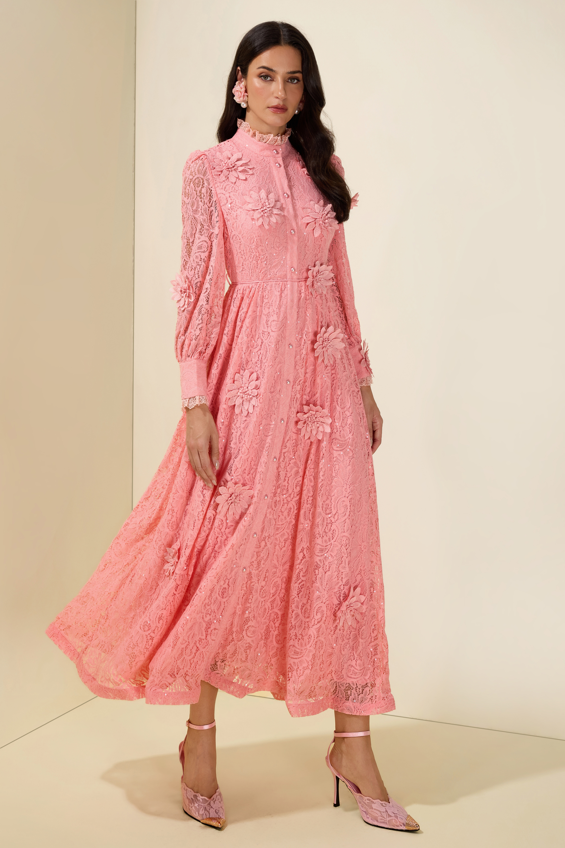 3D Flower Lace Long Sleeve Midi Dress