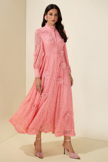 3D Flower Lace Long Sleeve Midi Dress