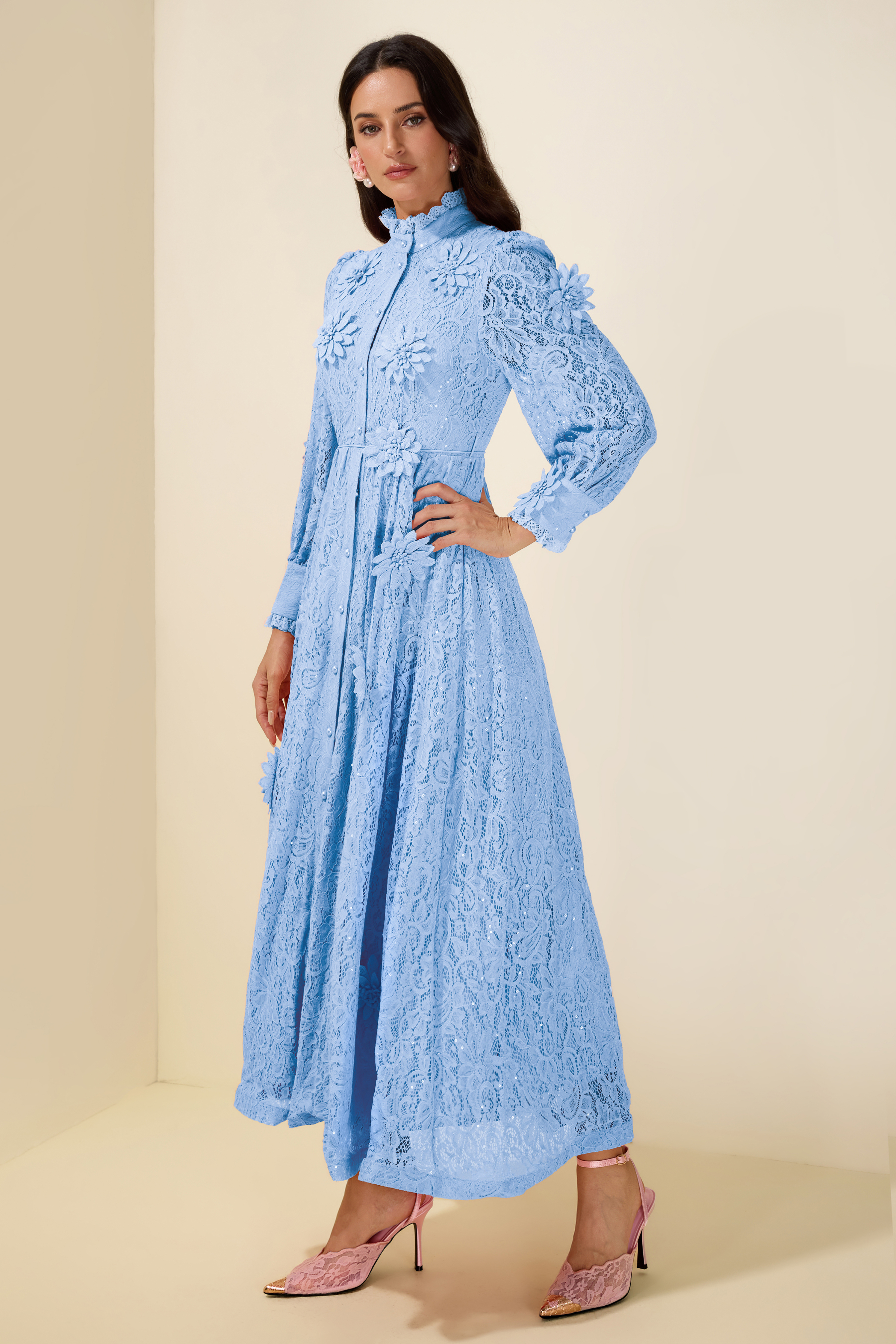 3D Flower Lace Long Sleeve Midi Dress