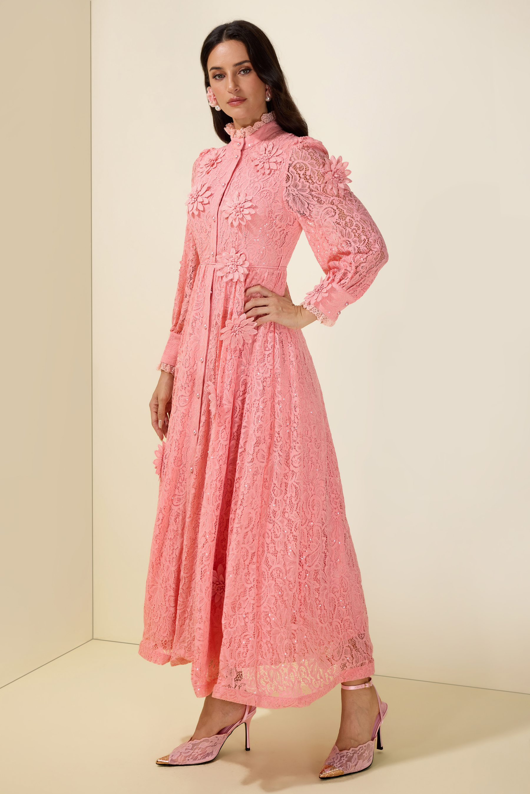 3D Flower Lace Long Sleeve Midi Dress