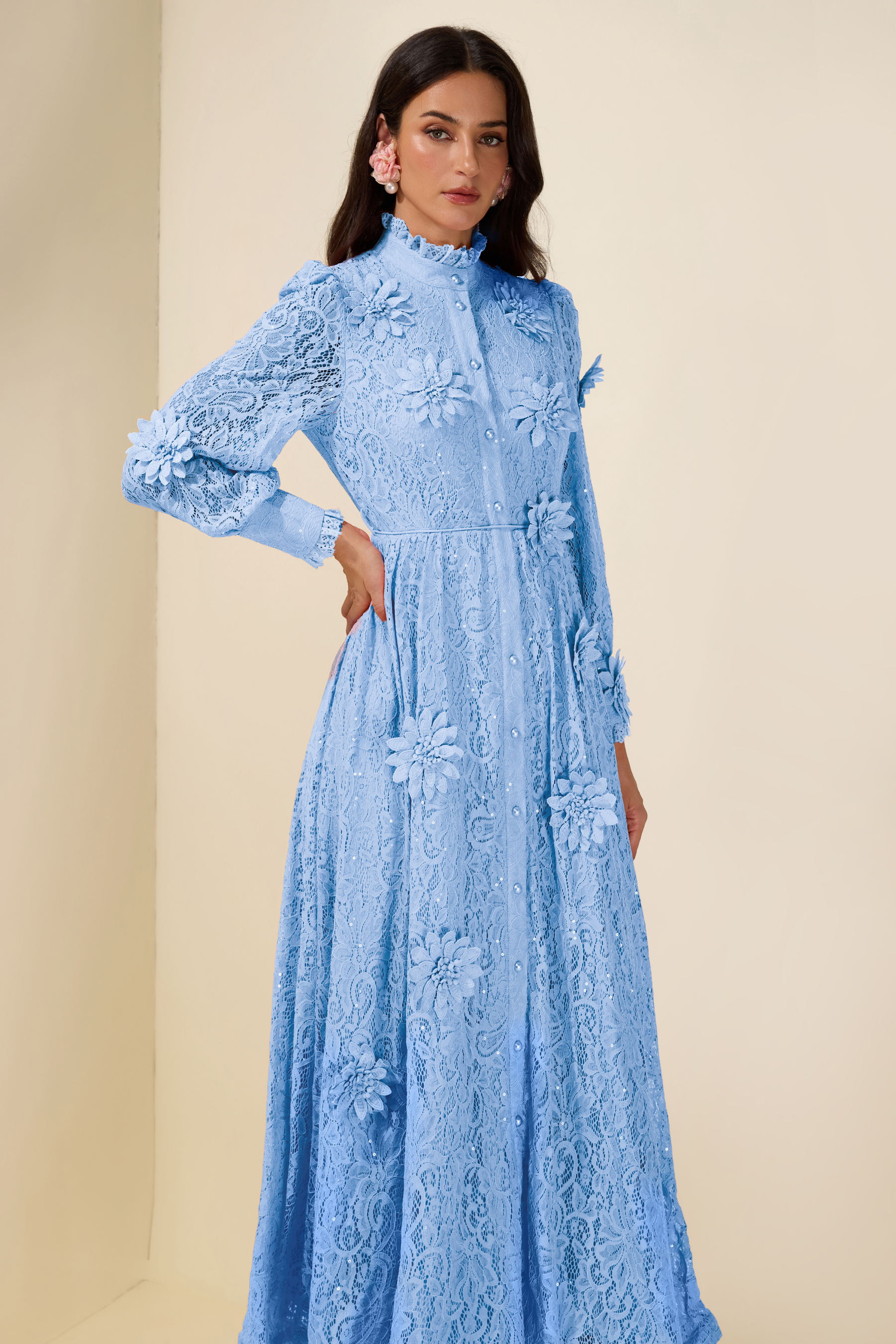 3D Flower Lace Long Sleeve Midi Dress