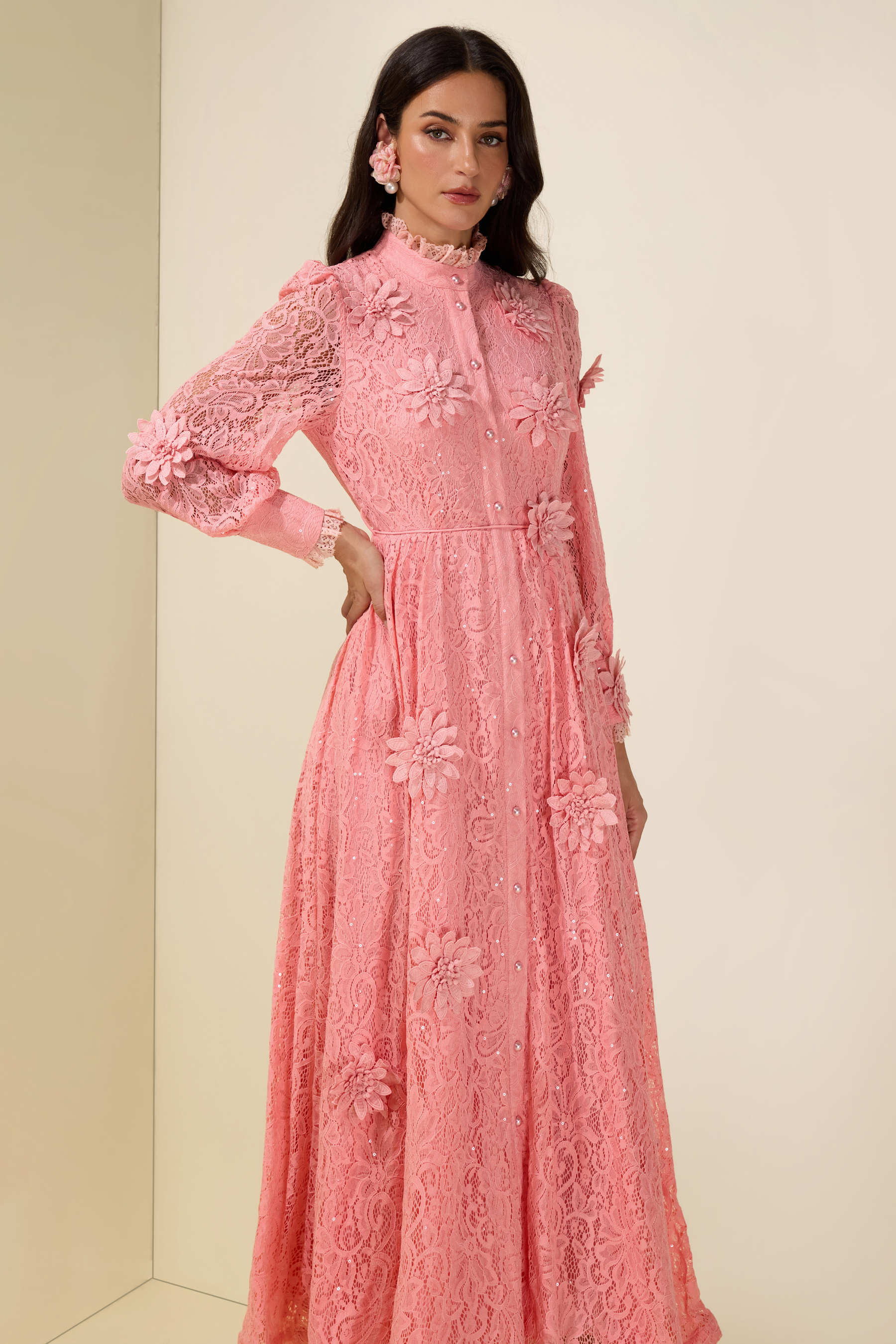 3D Flower Lace Long Sleeve Midi Dress