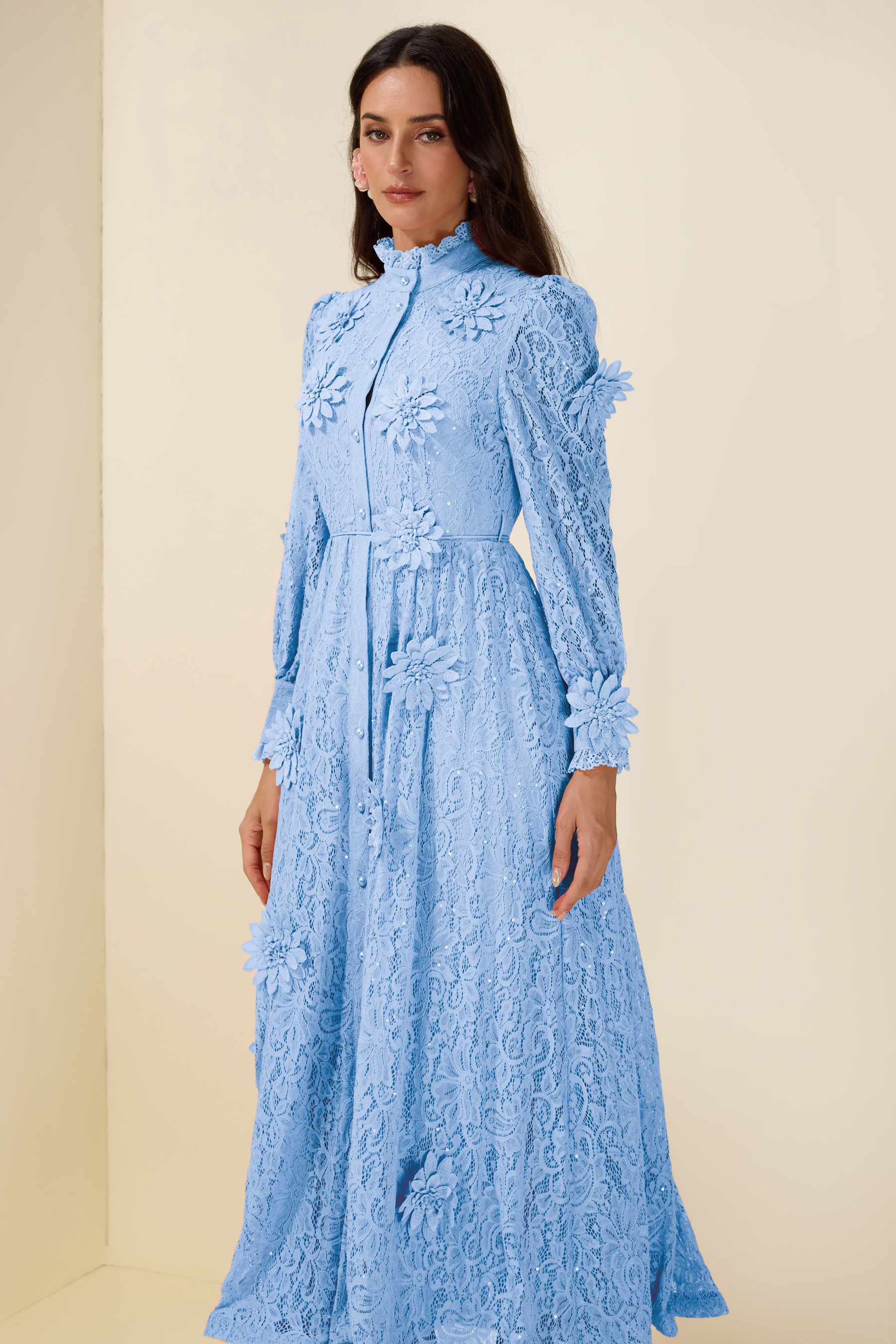 3D Flower Lace Long Sleeve Midi Dress