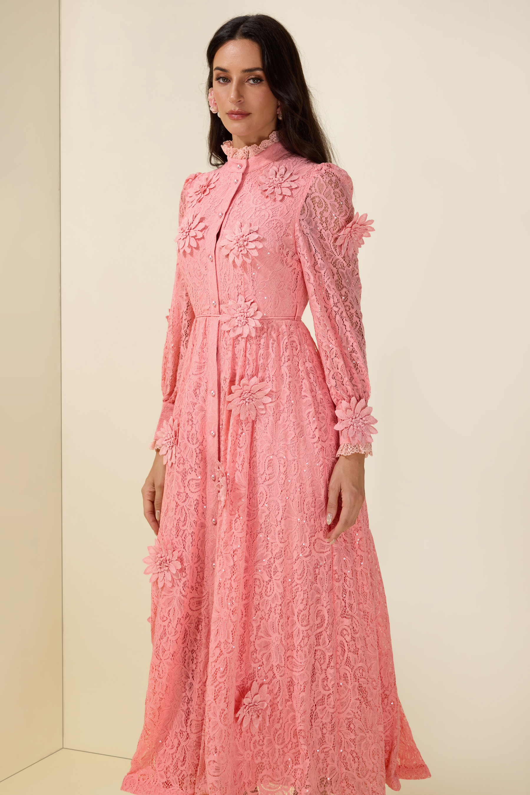 3D Flower Lace Long Sleeve Midi Dress