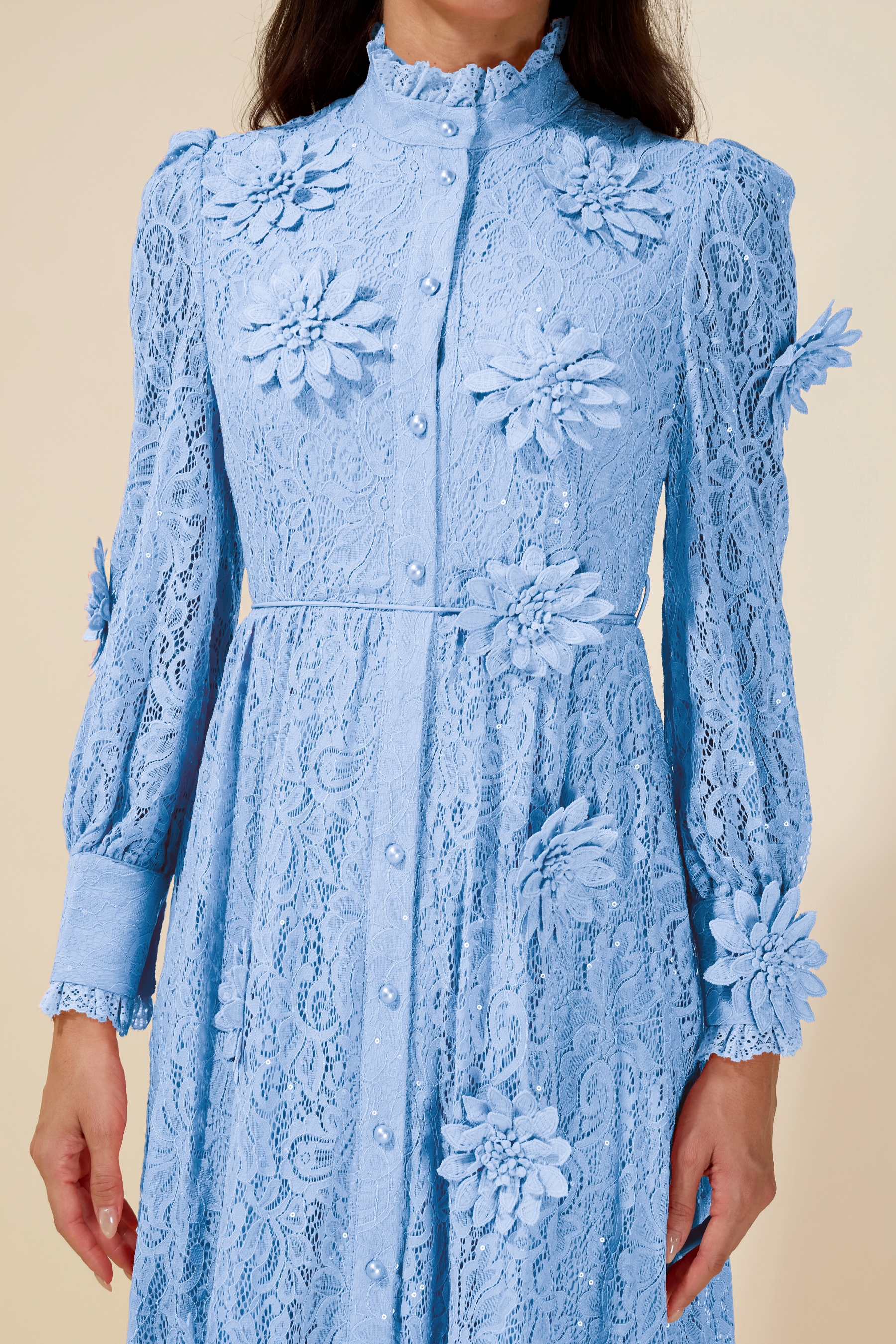 3D Flower Lace Long Sleeve Midi Dress