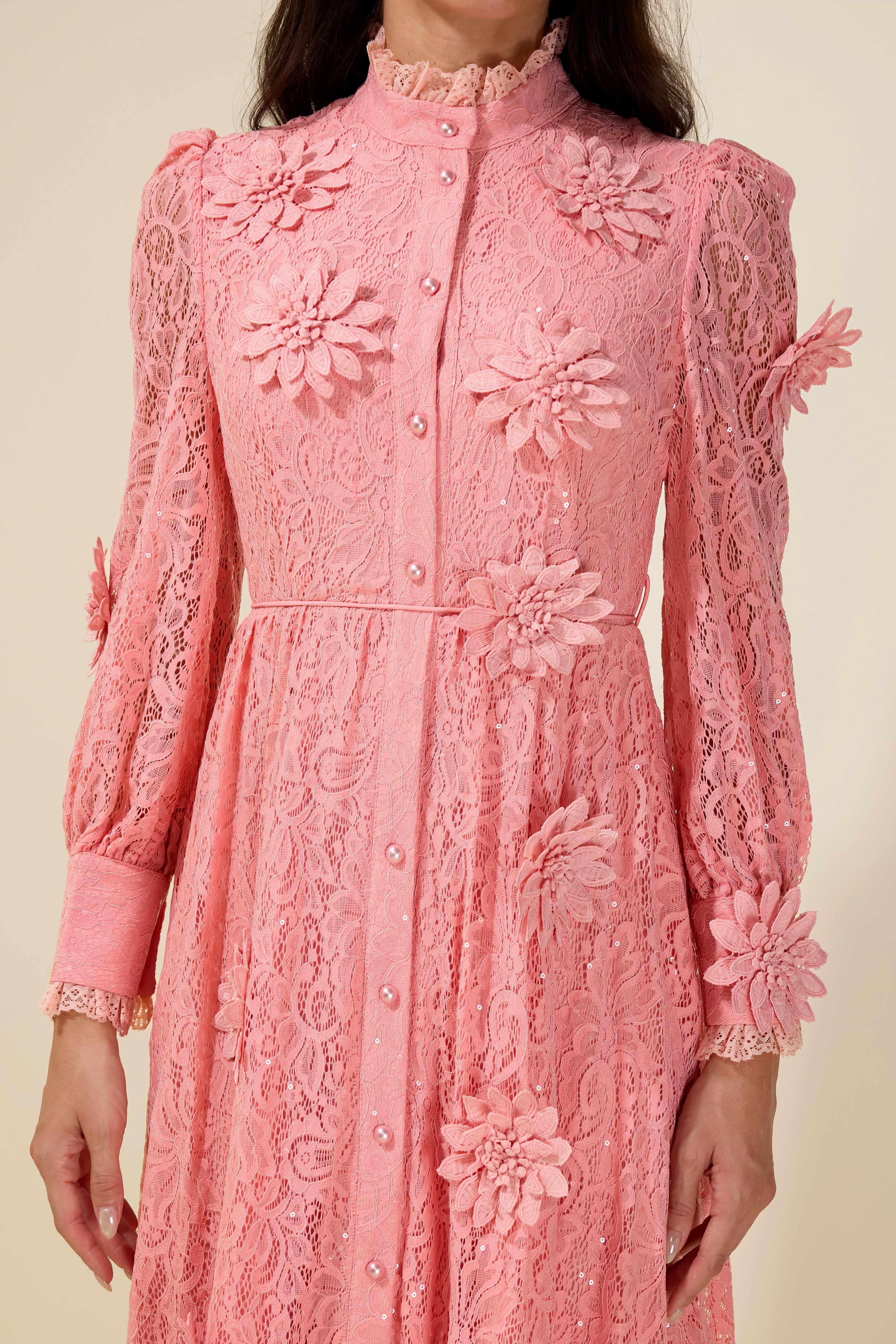 3D Flower Lace Long Sleeve Midi Dress
