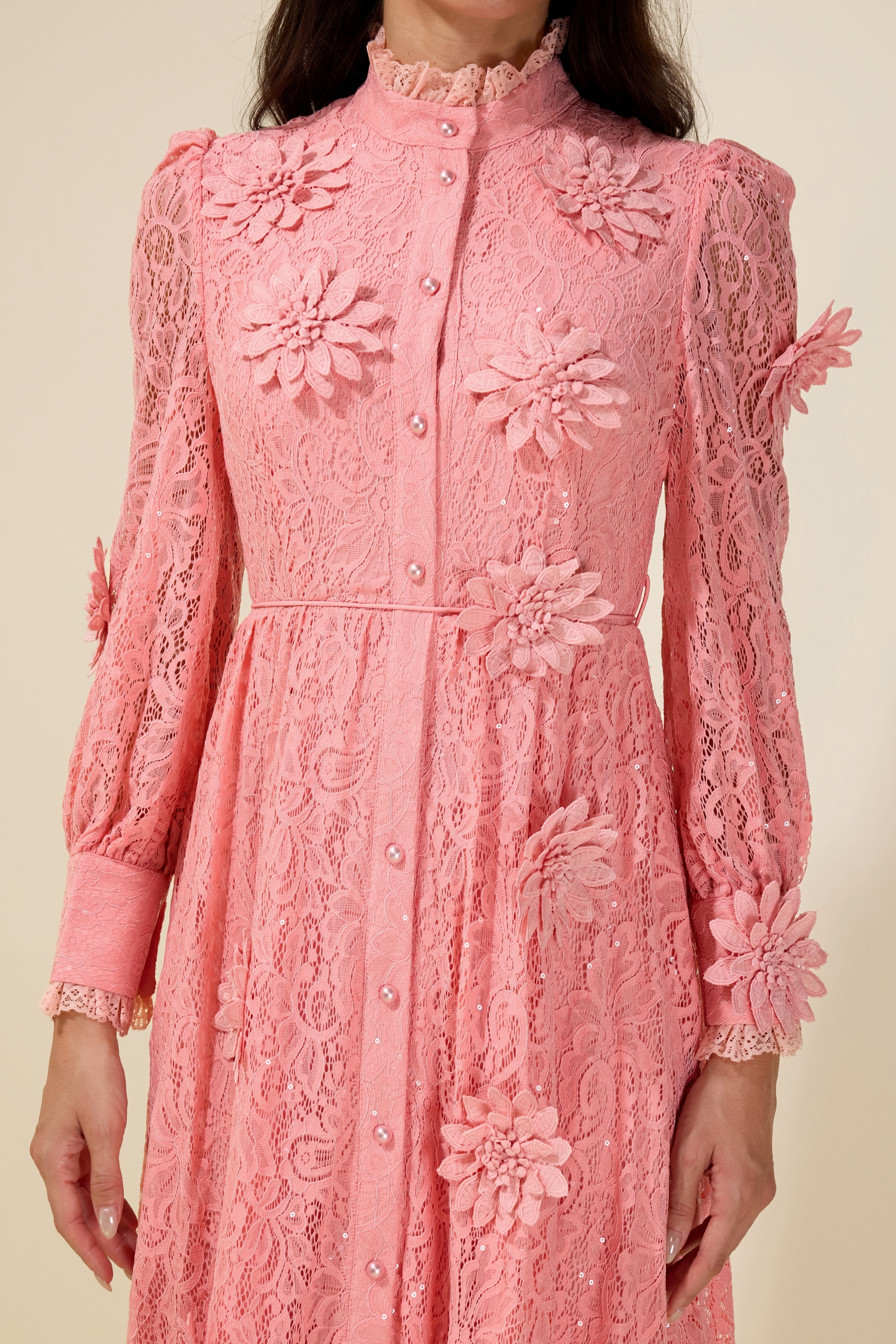 3D Flower Lace Long Sleeve Midi Dress