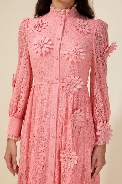 3D Flower Lace Long Sleeve Midi Dress