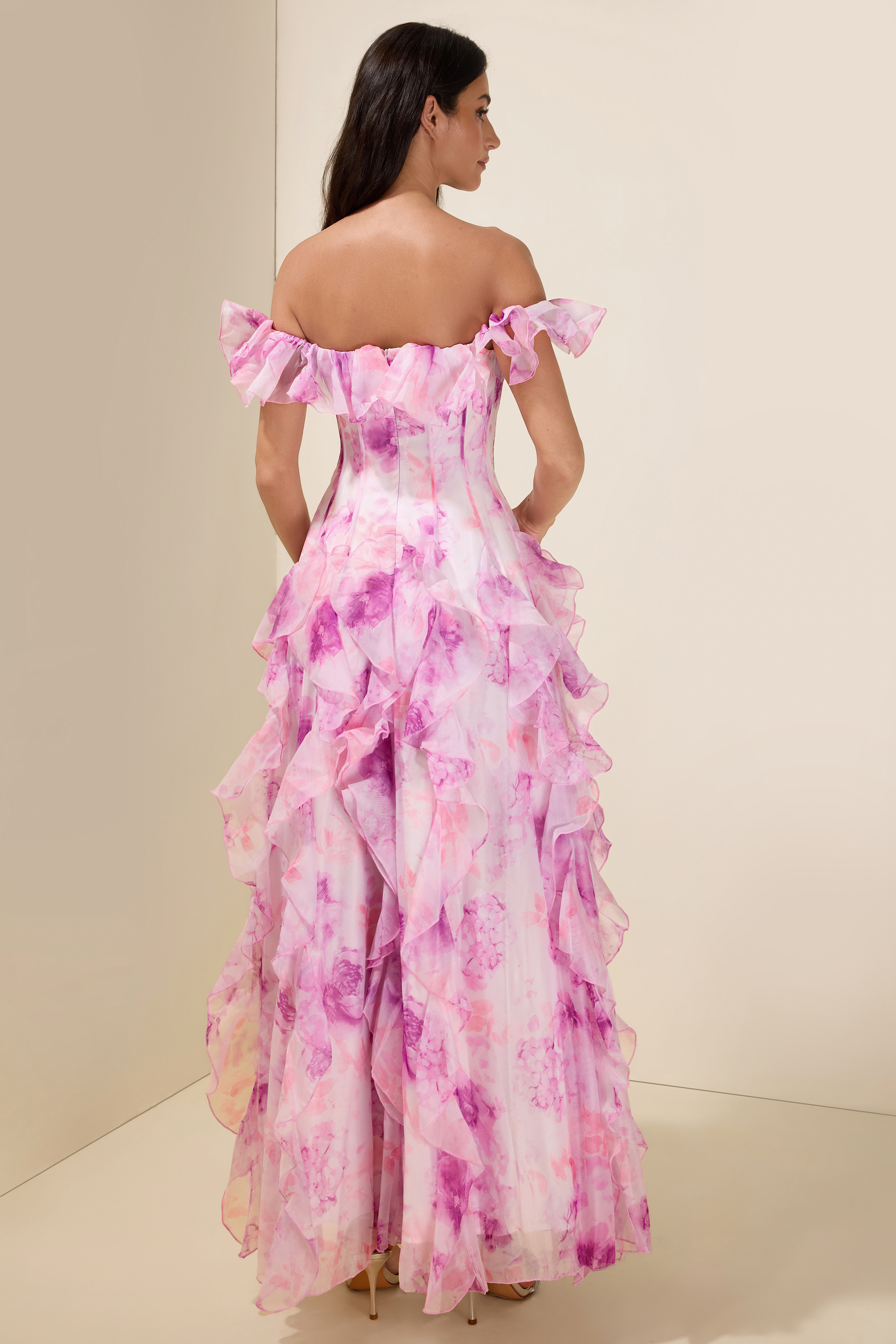 Floral Frill Off-Shoulder Maxi Dress