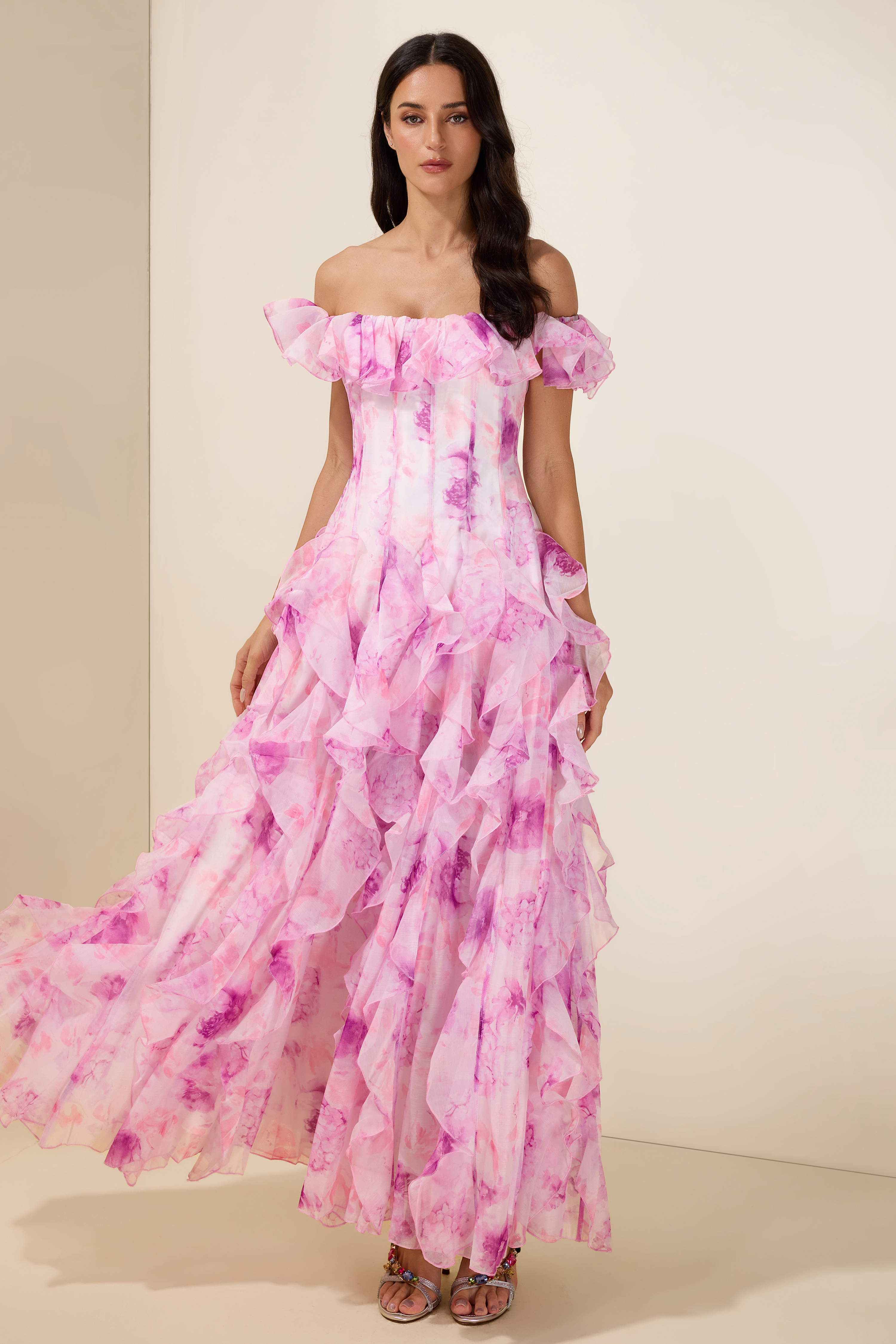 Floral Frill Off-Shoulder Maxi Dress