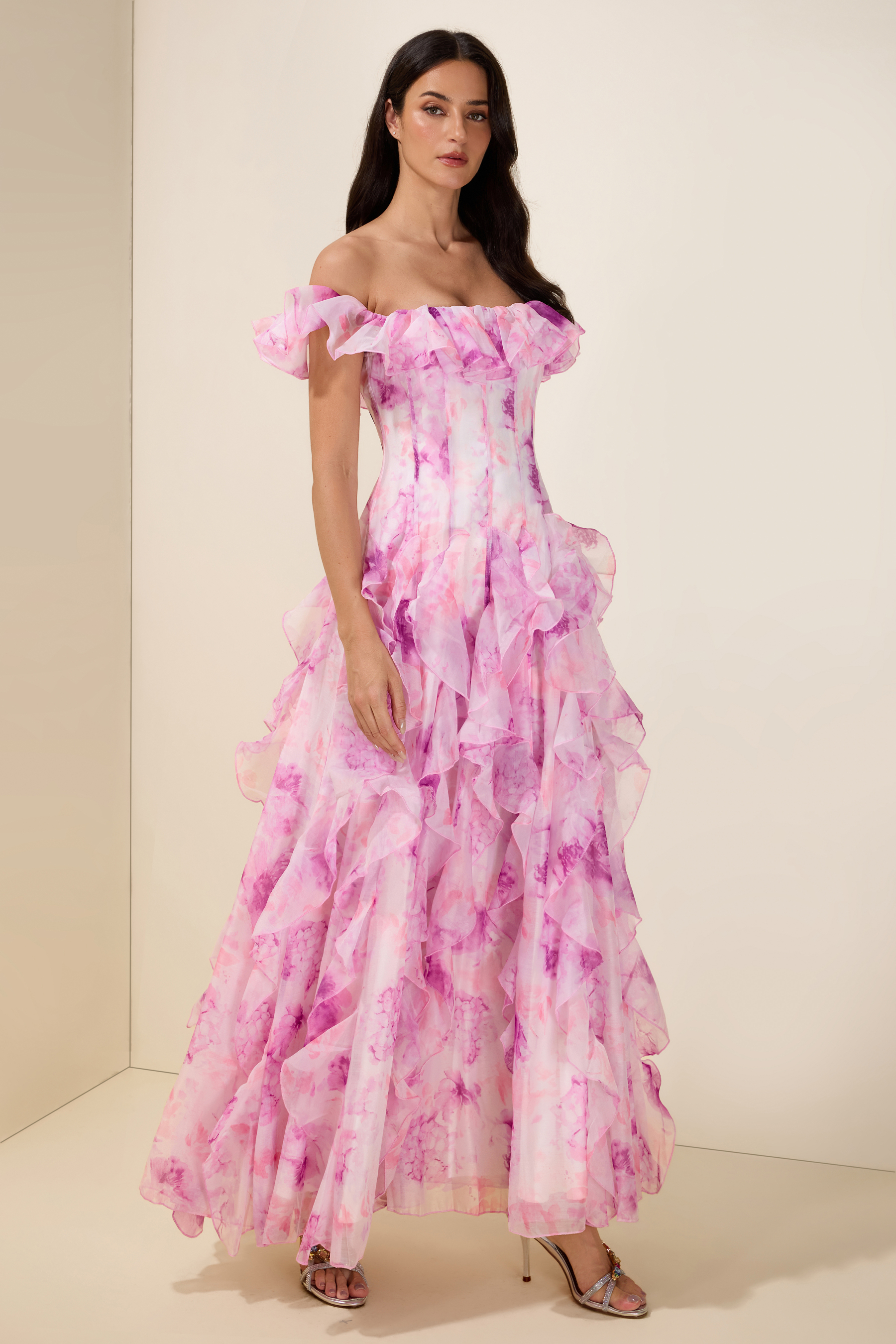 Floral Frill Off-Shoulder Maxi Dress