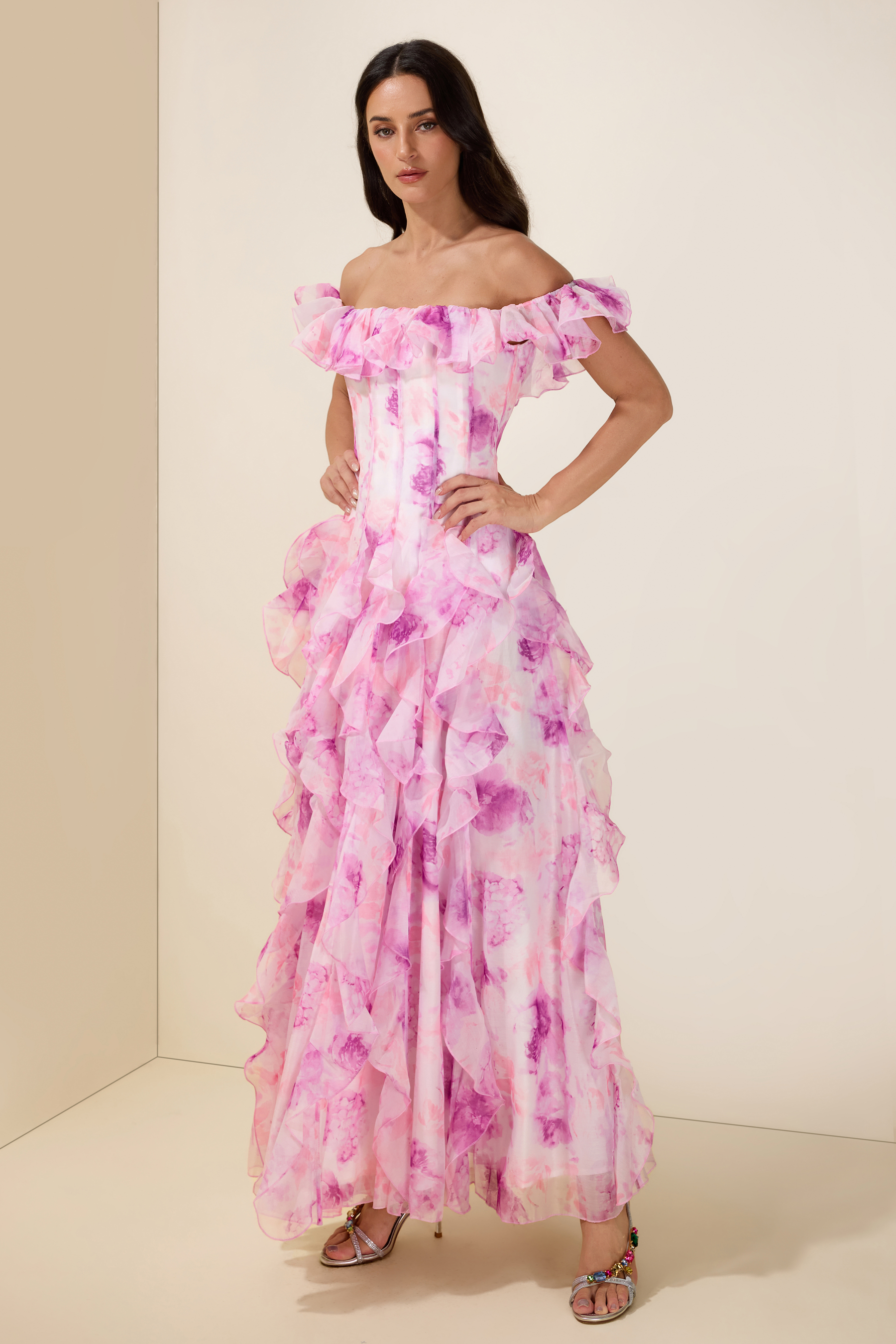 Floral Frill Off-Shoulder Maxi Dress