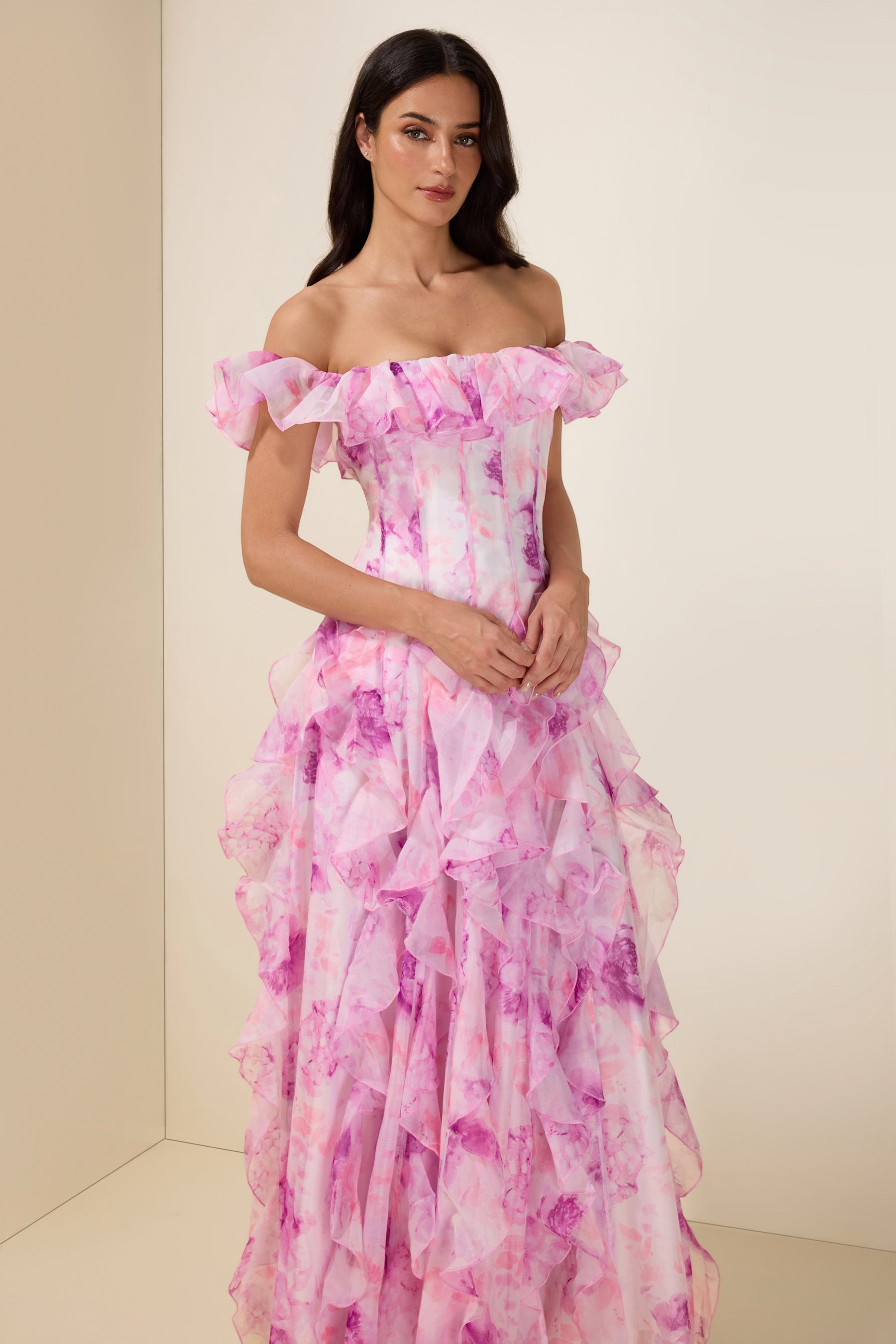 Floral Frill Off-Shoulder Maxi Dress