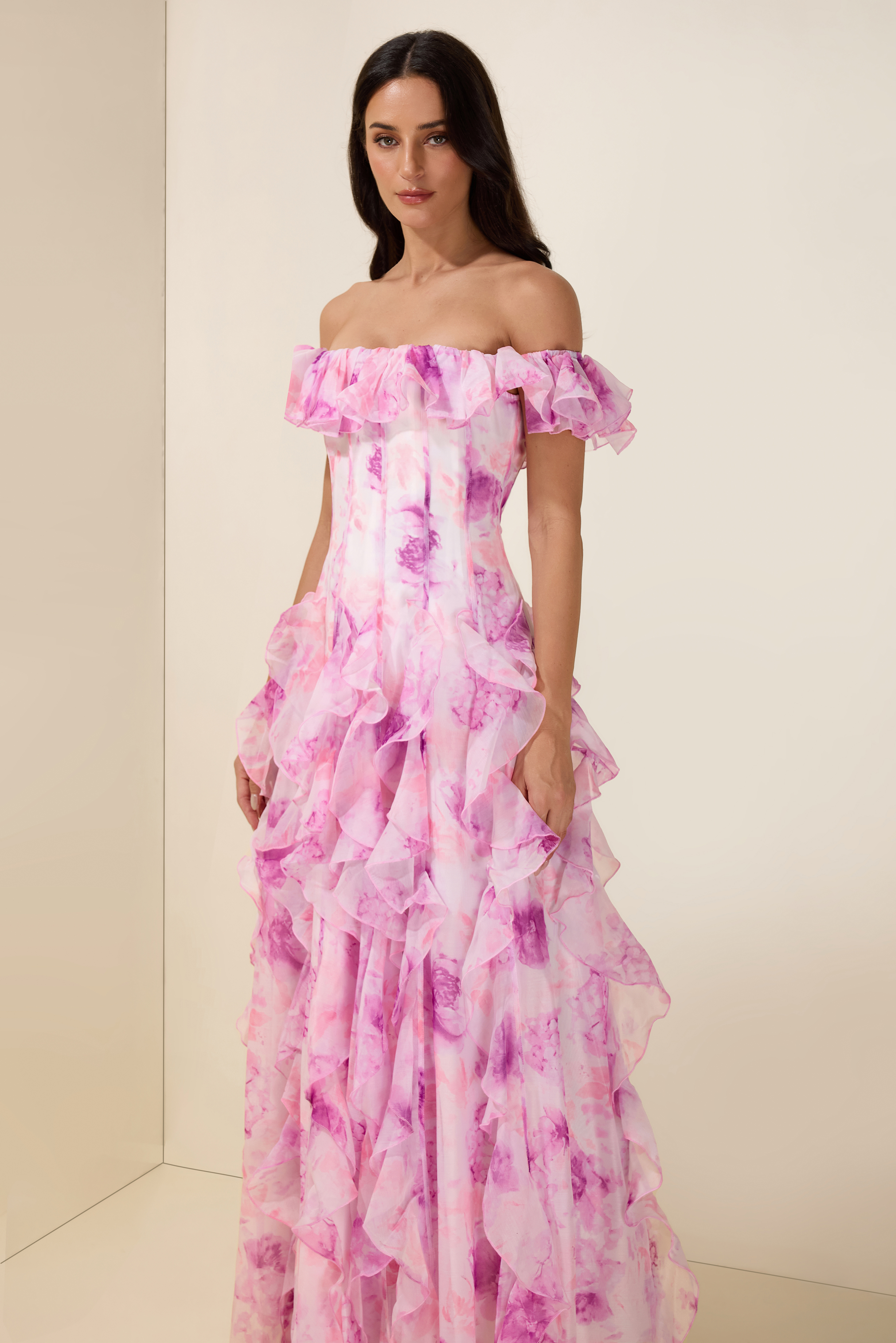 Floral Frill Off-Shoulder Maxi Dress