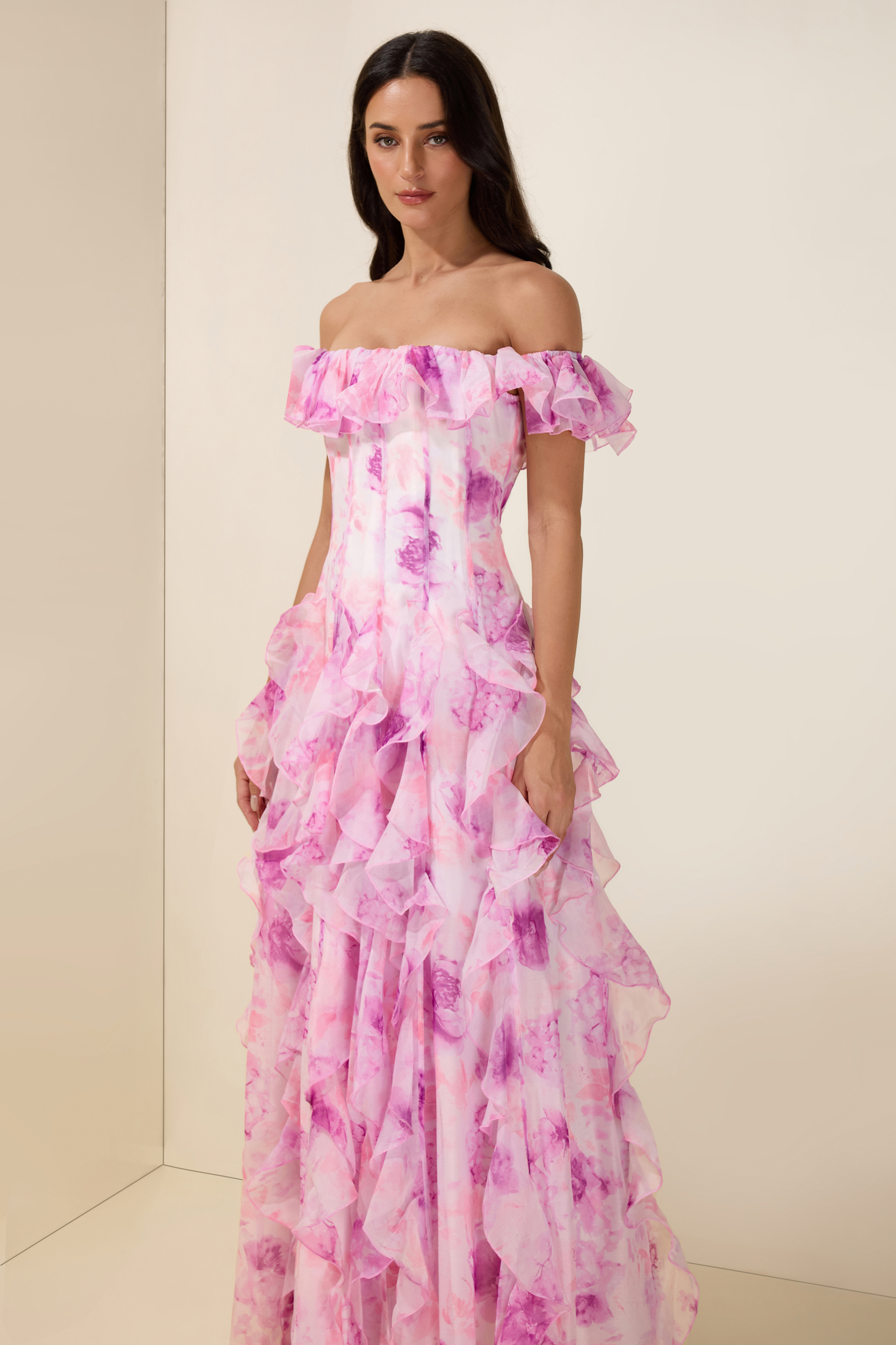 Floral Frill Off-Shoulder Maxi Dress