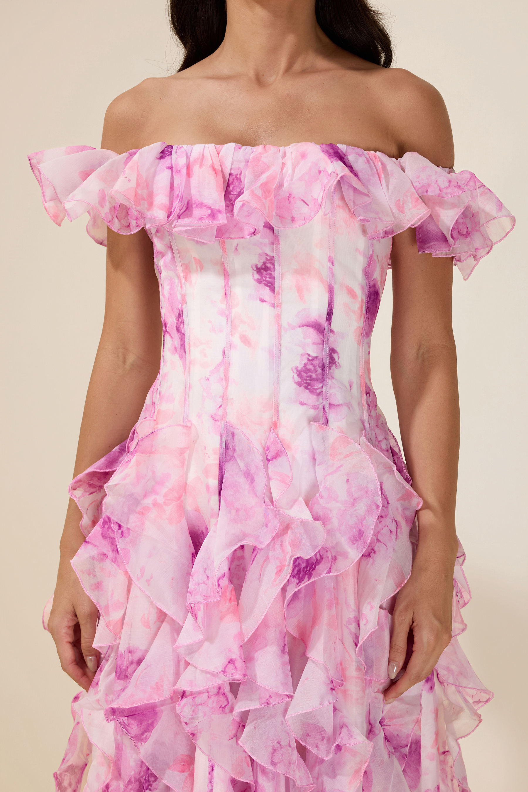 Floral Frill Off-Shoulder Maxi Dress