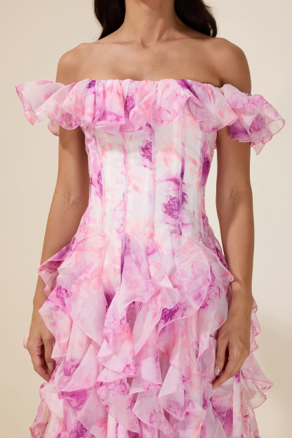 Floral Frill Off-Shoulder Maxi Dress