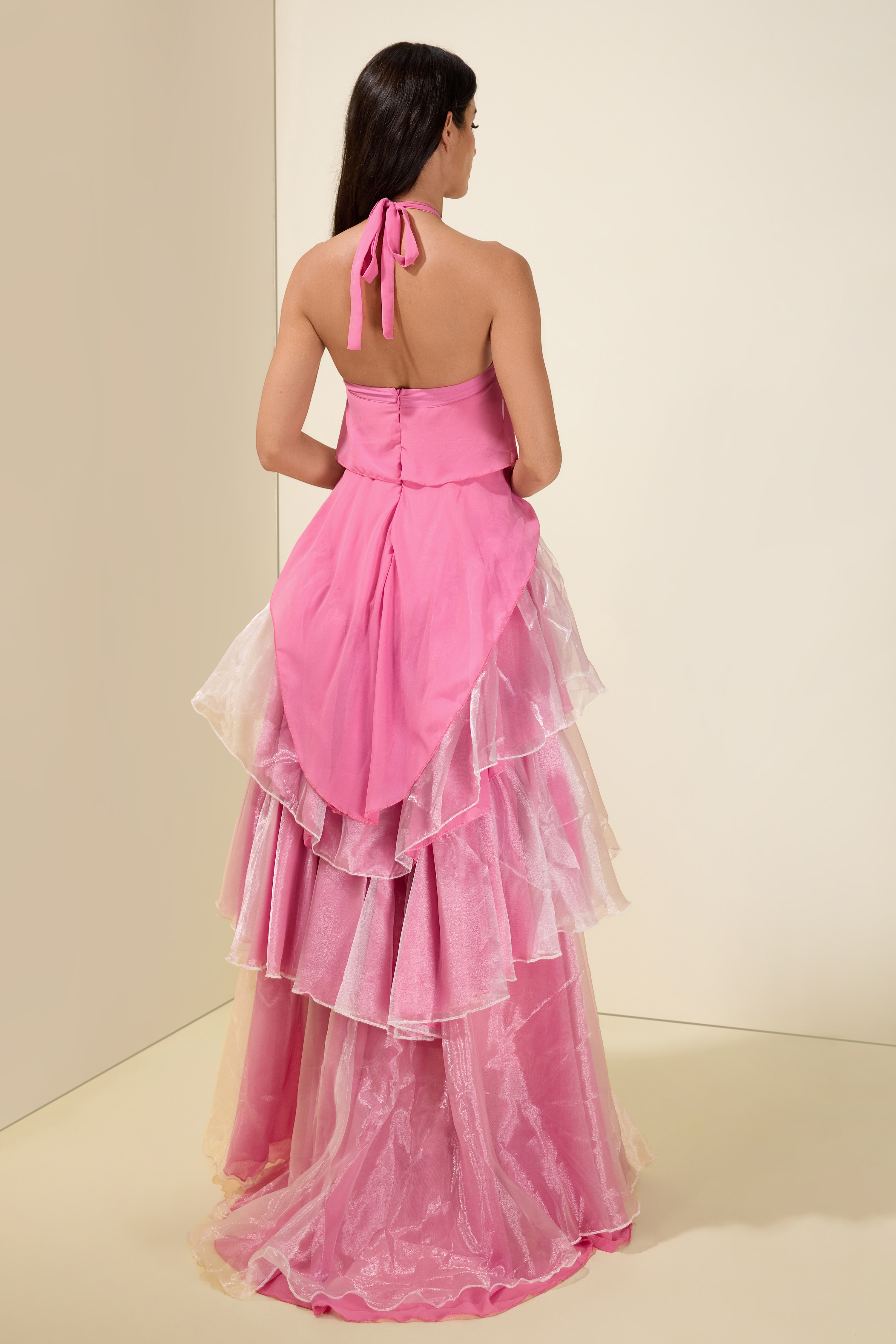 Chiffon Splicing Organza Ruffle Halter Neck Maxi Dress