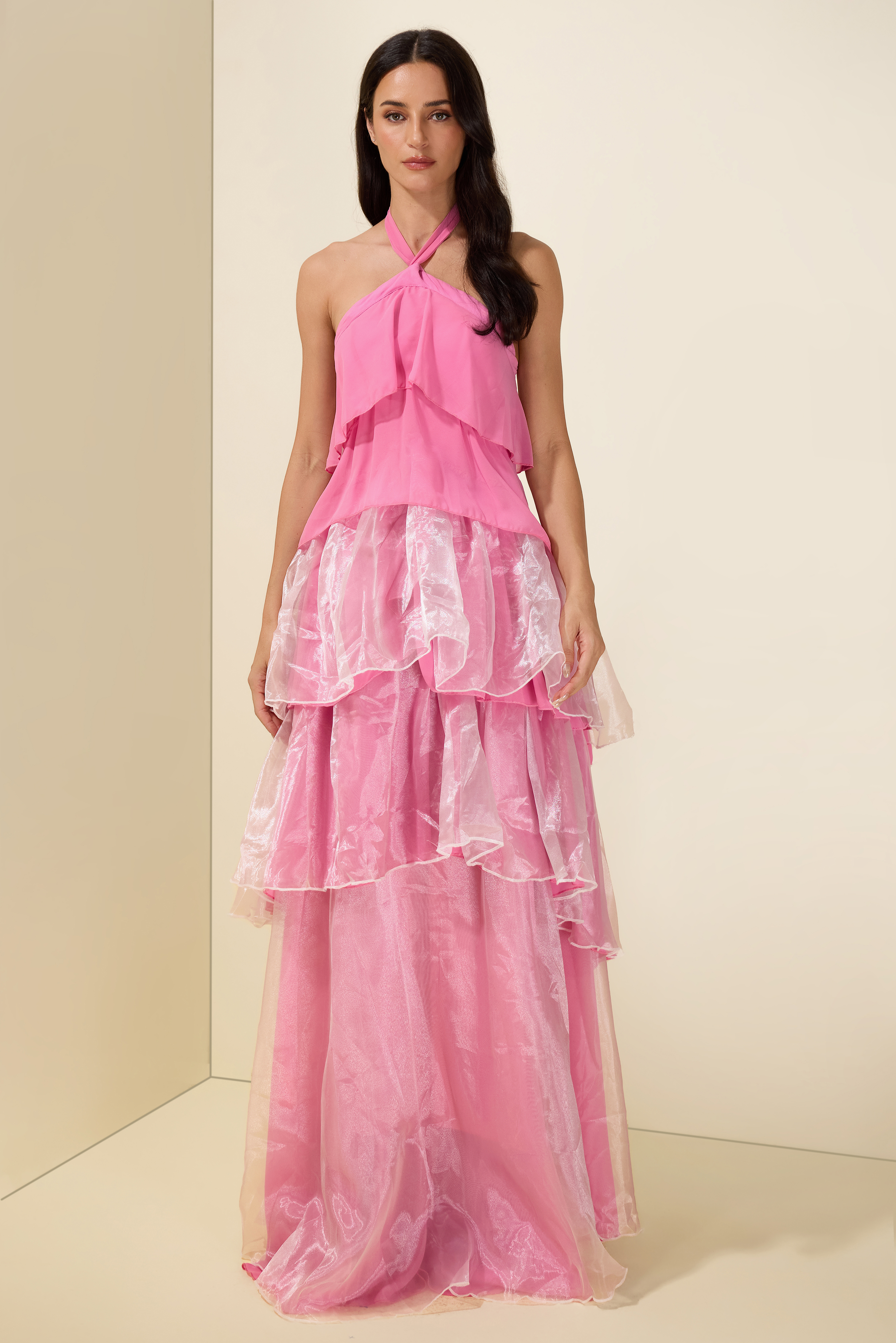 Chiffon Splicing Organza Ruffle Halter Neck Maxi Dress