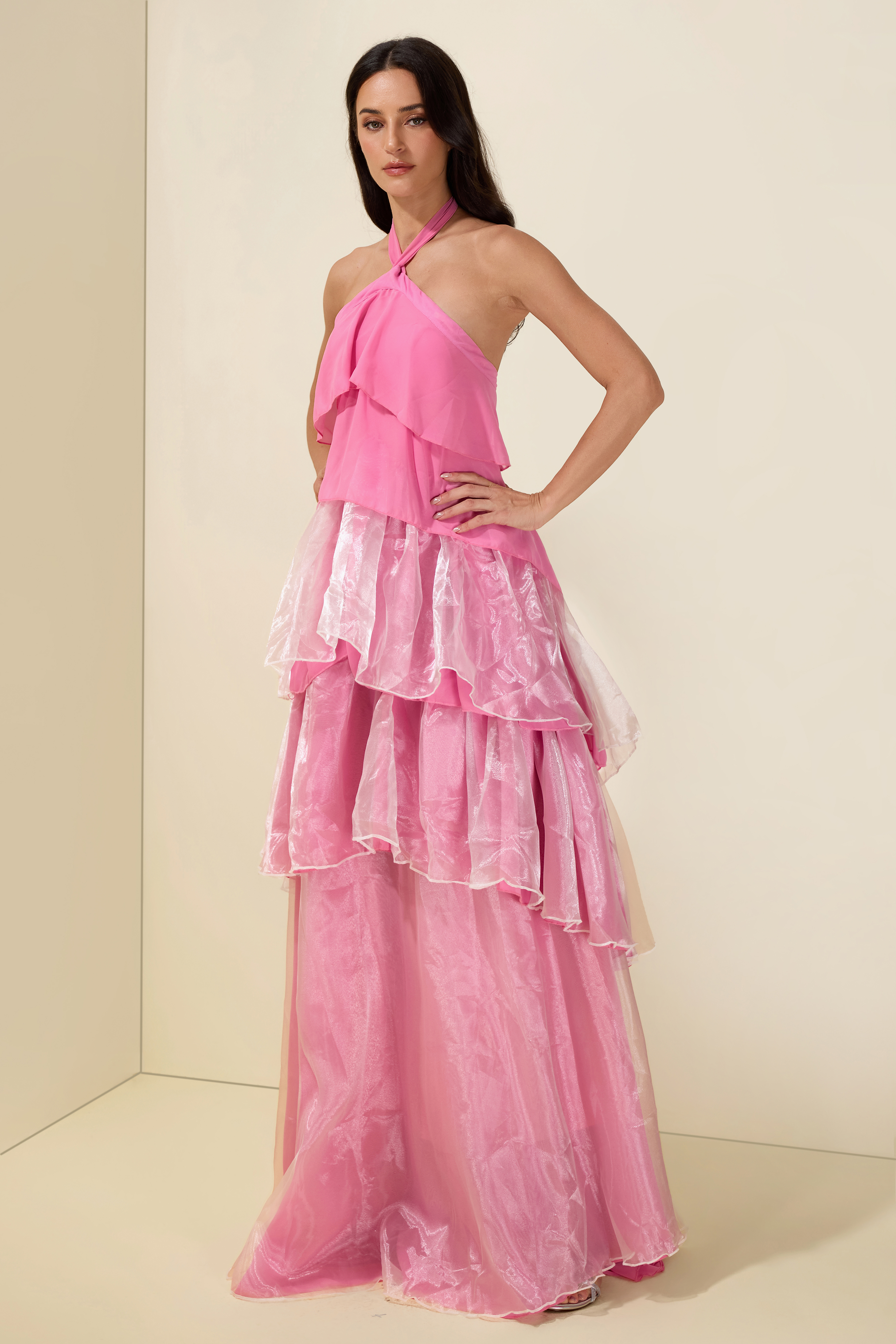 Chiffon Splicing Organza Ruffle Halter Neck Maxi Dress