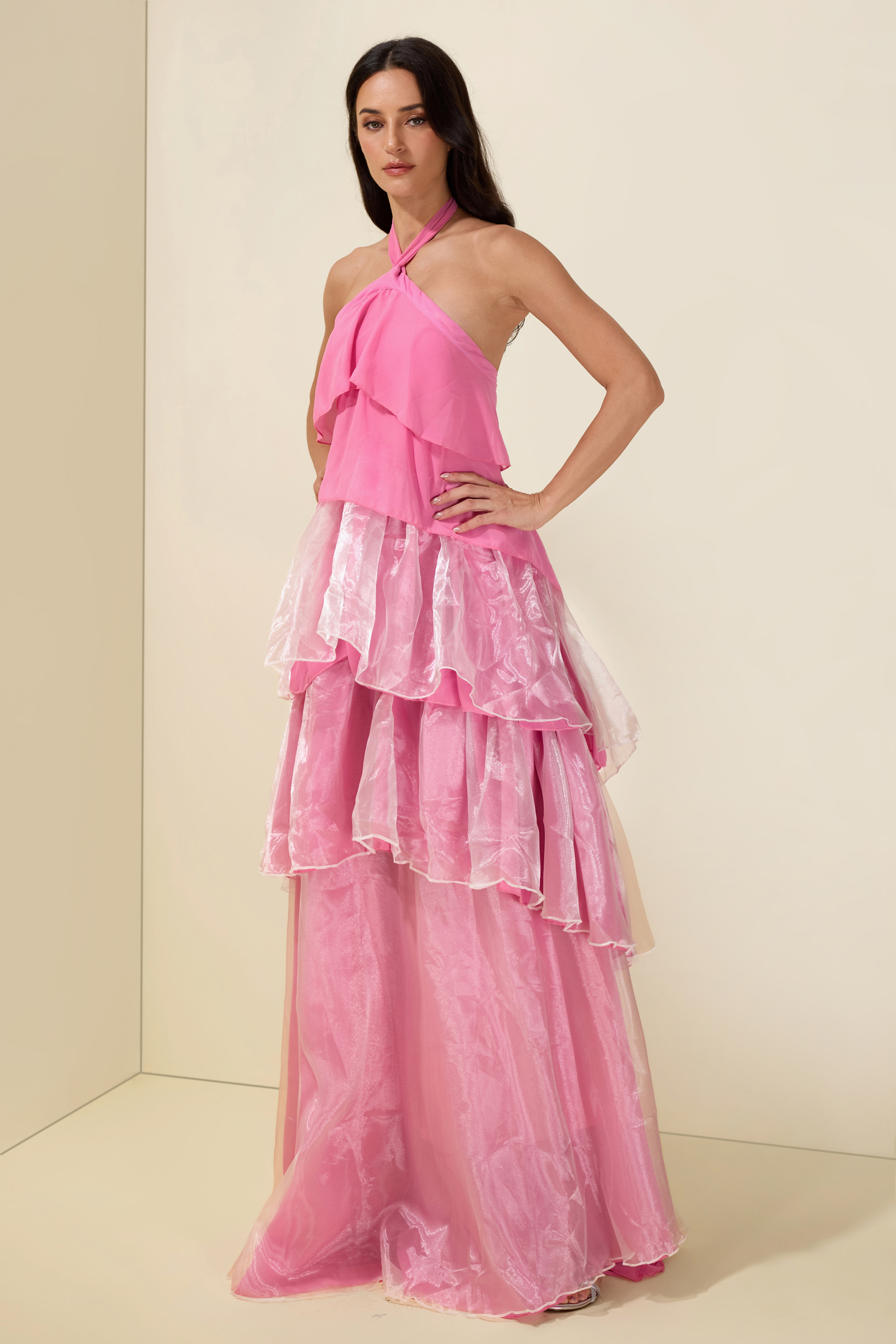 Chiffon Splicing Organza Ruffle Halter Neck Maxi Dress