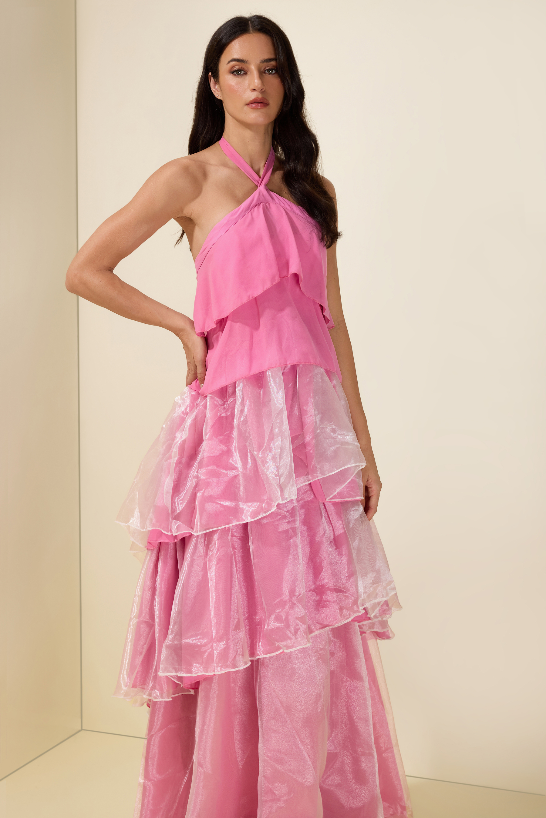 Chiffon Splicing Organza Ruffle Halter Neck Maxi Dress
