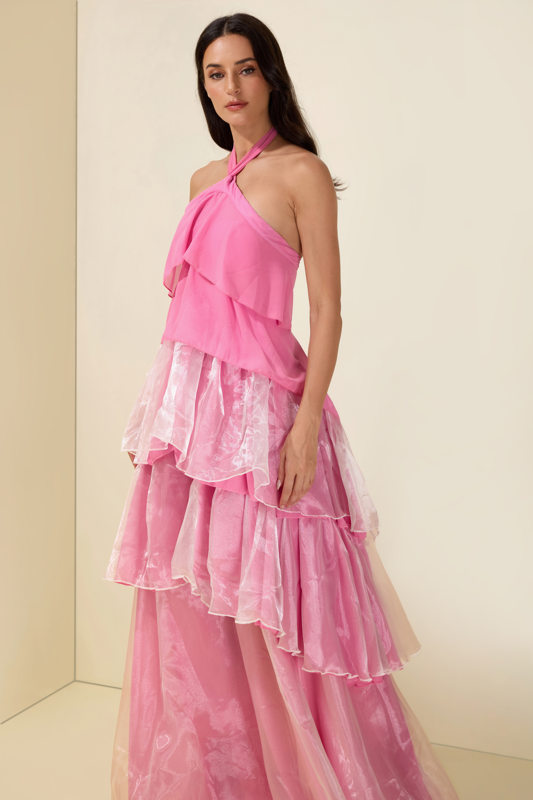 Chiffon Splicing Organza Ruffle Halter Neck Maxi Dress