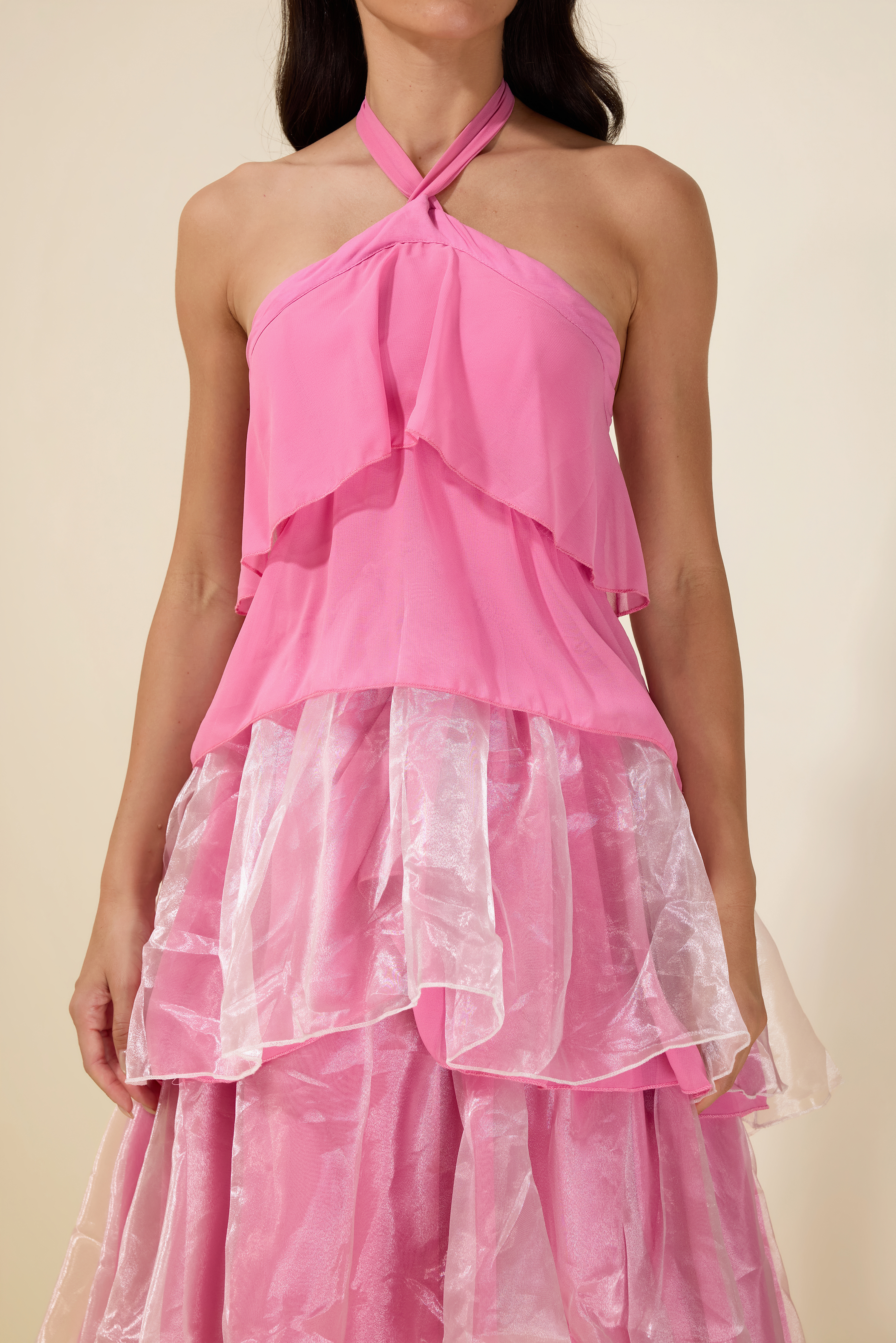 Chiffon Splicing Organza Ruffle Halter Neck Maxi Dress