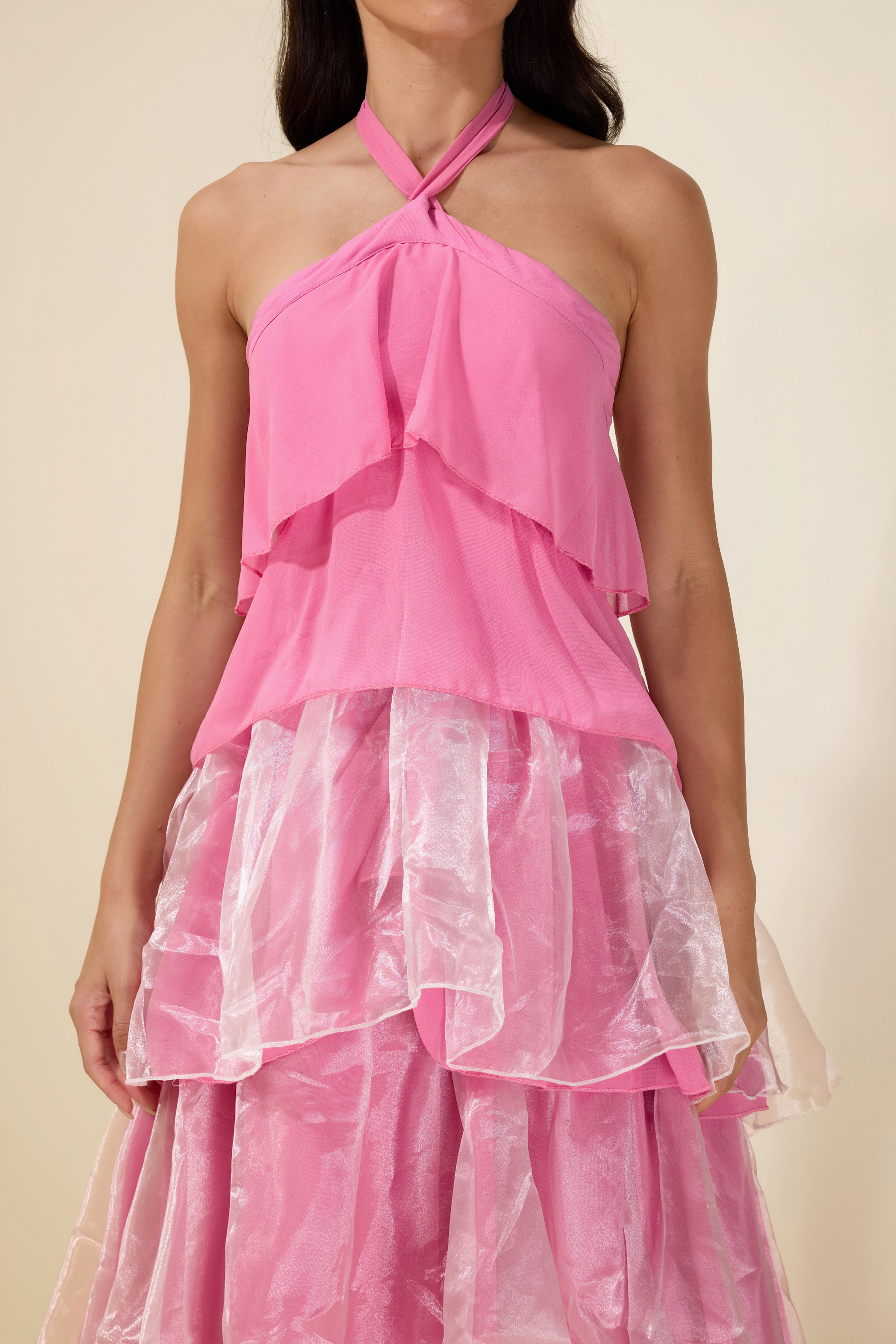 Chiffon Splicing Organza Ruffle Halter Neck Maxi Dress