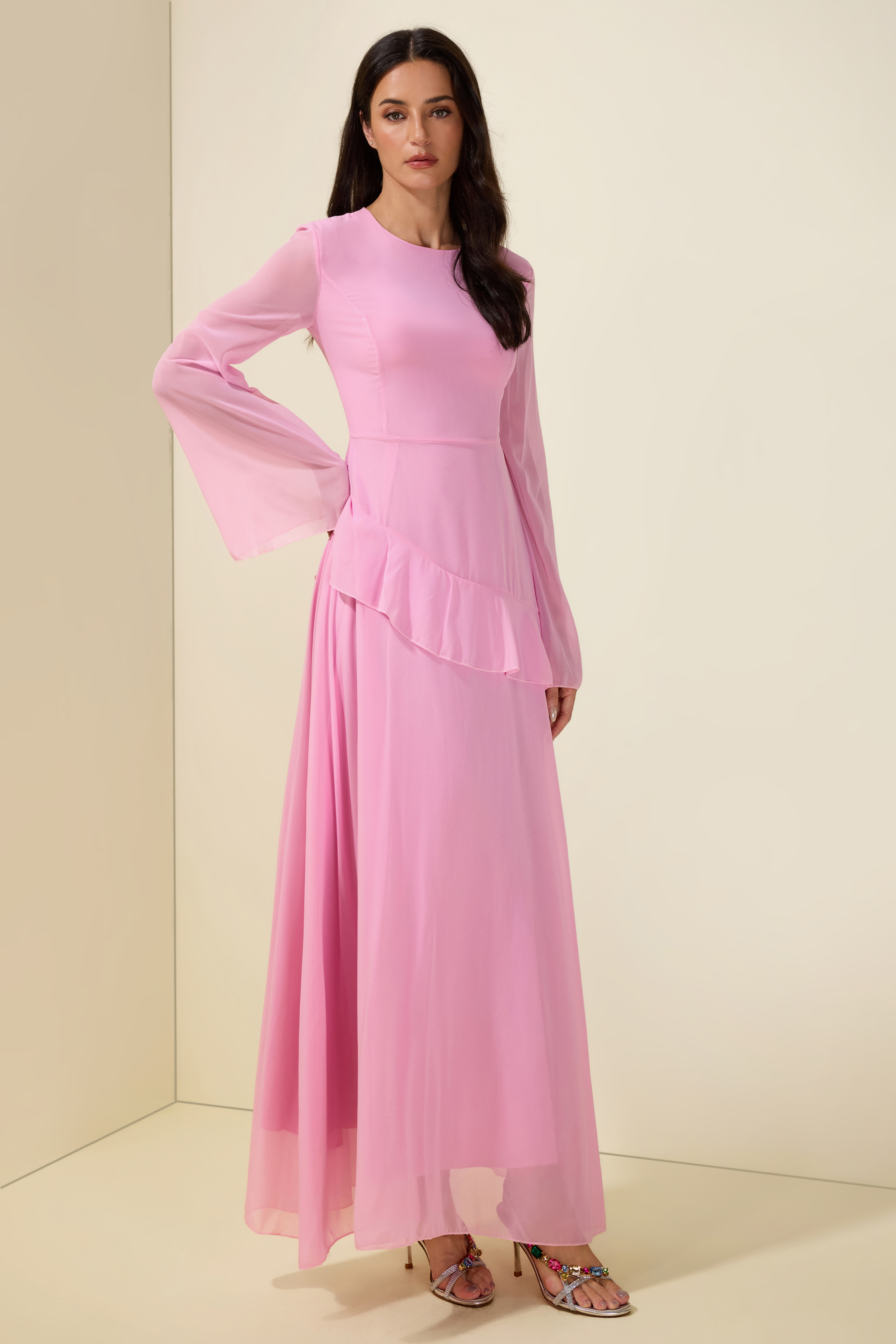Flared Sleeves Ruffle Maxi Dress
