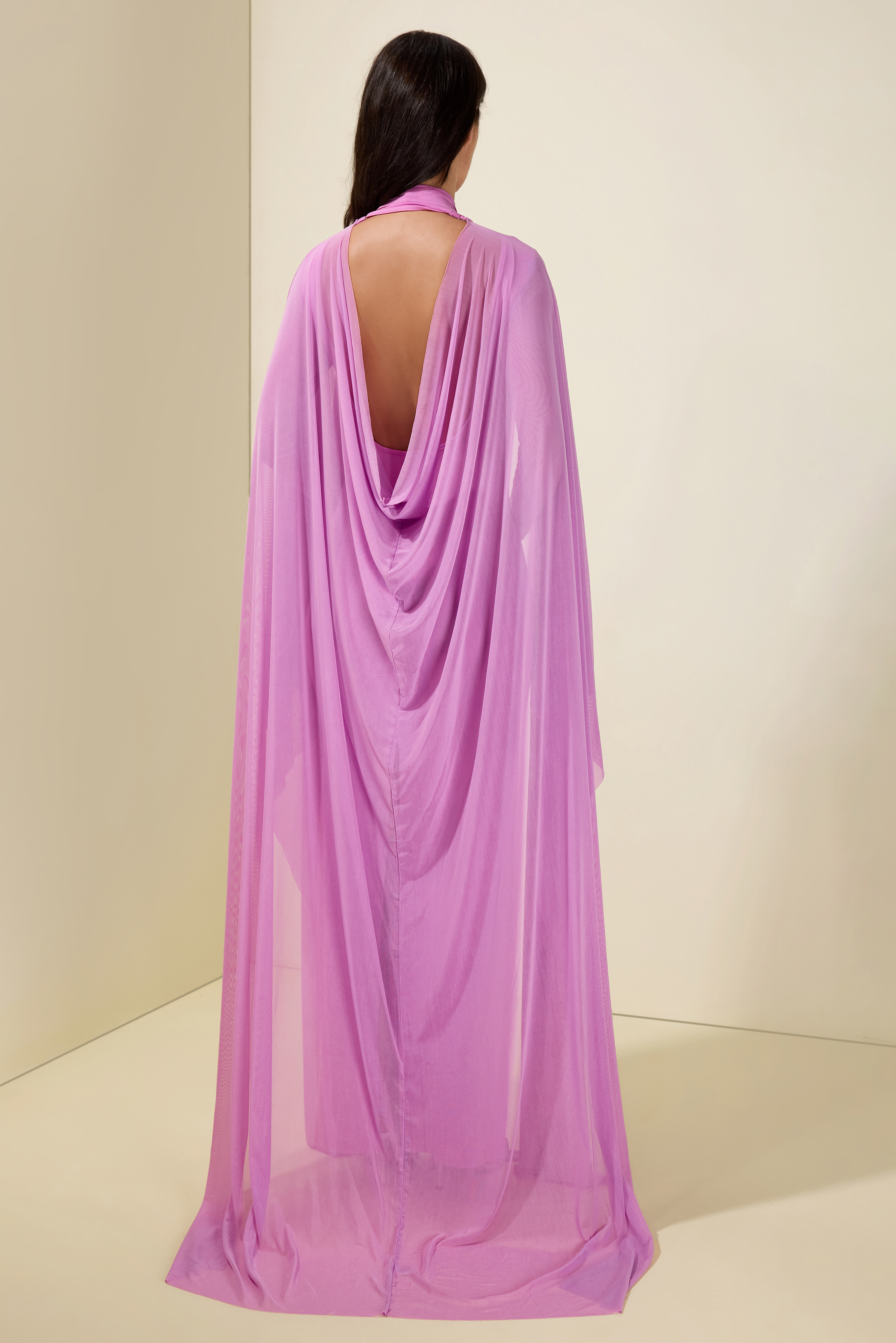 Gathering Long Sleeve Maxi Dress With Cape