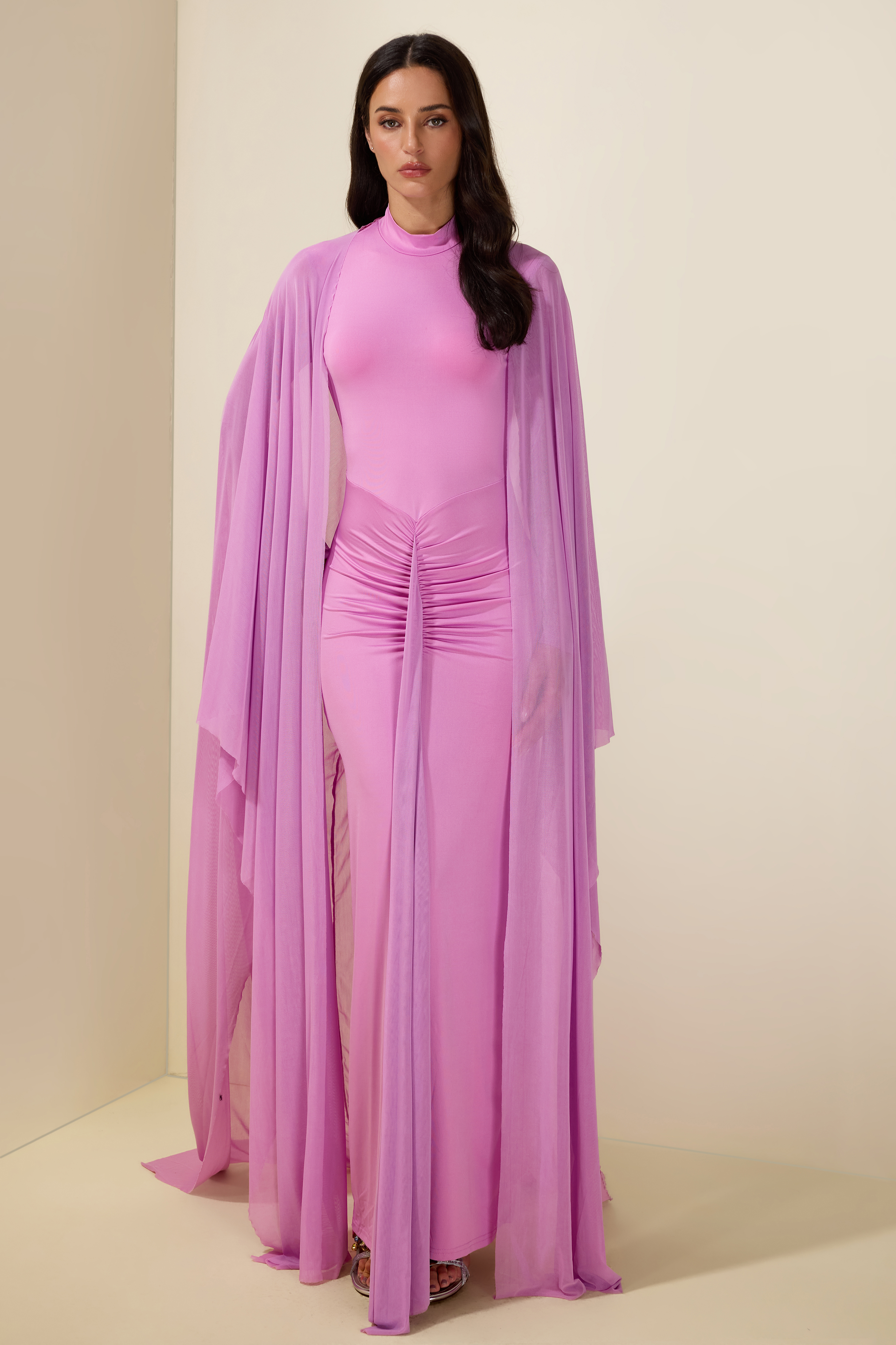 Gathering Long Sleeve Maxi Dress With Cape
