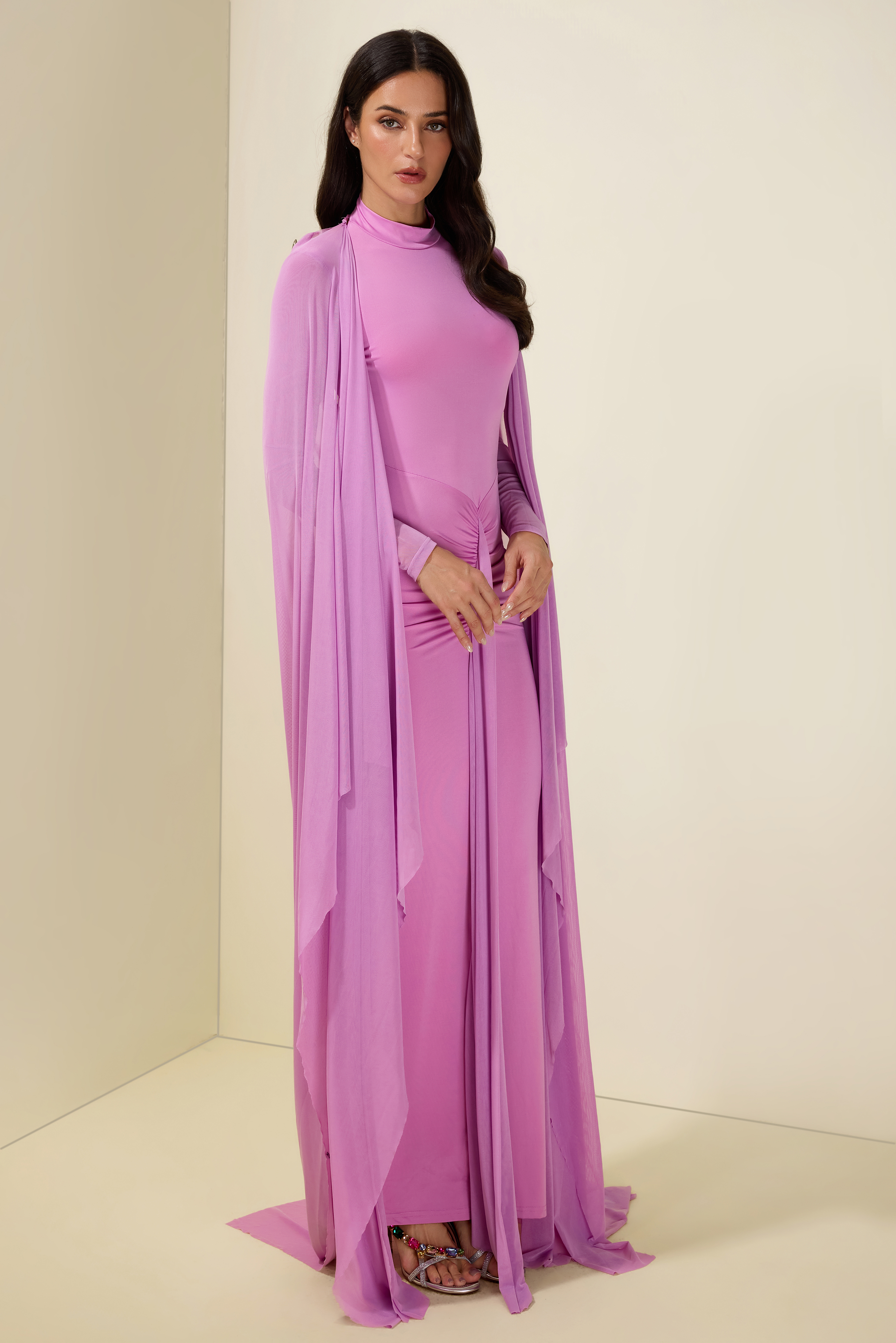 Gathering Long Sleeve Maxi Dress With Cape