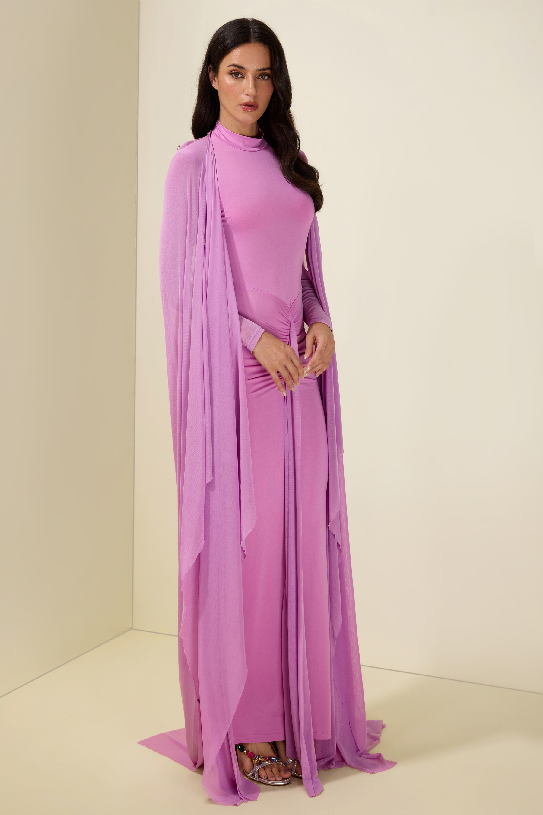 Gathering Long Sleeve Maxi Dress With Cape
