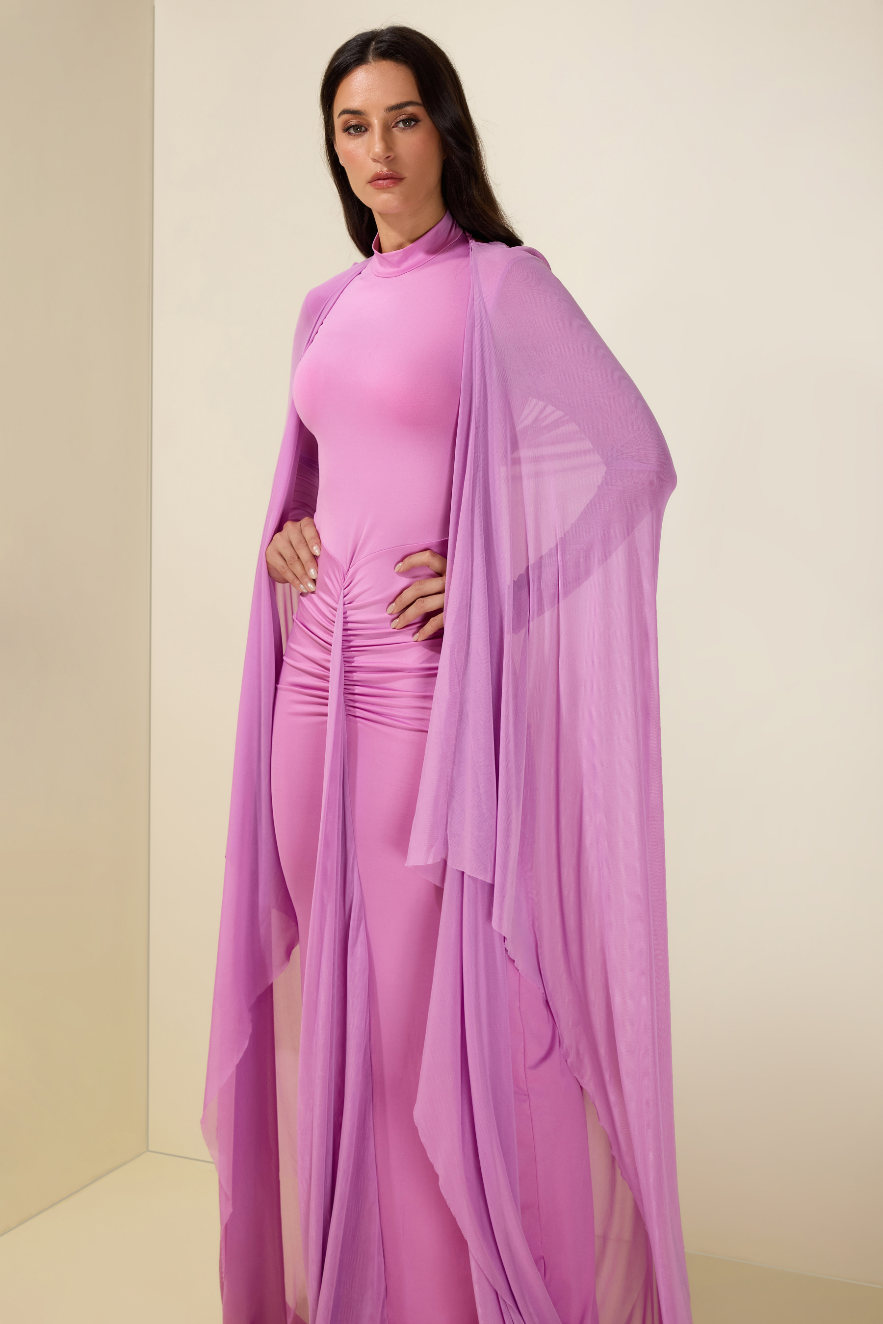 Gathering Long Sleeve Maxi Dress With Cape