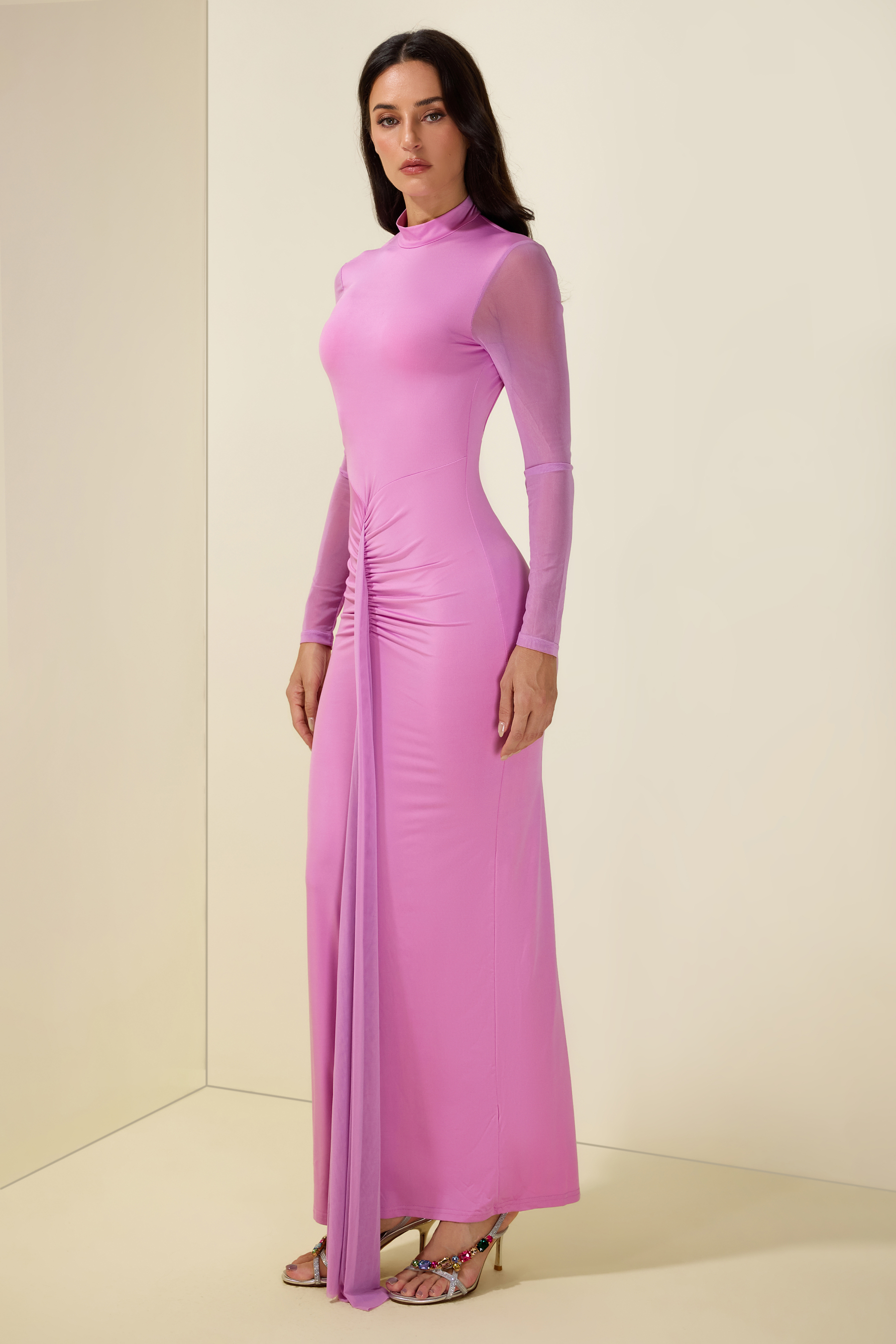 Gathering Long Sleeve Maxi Dress With Cape