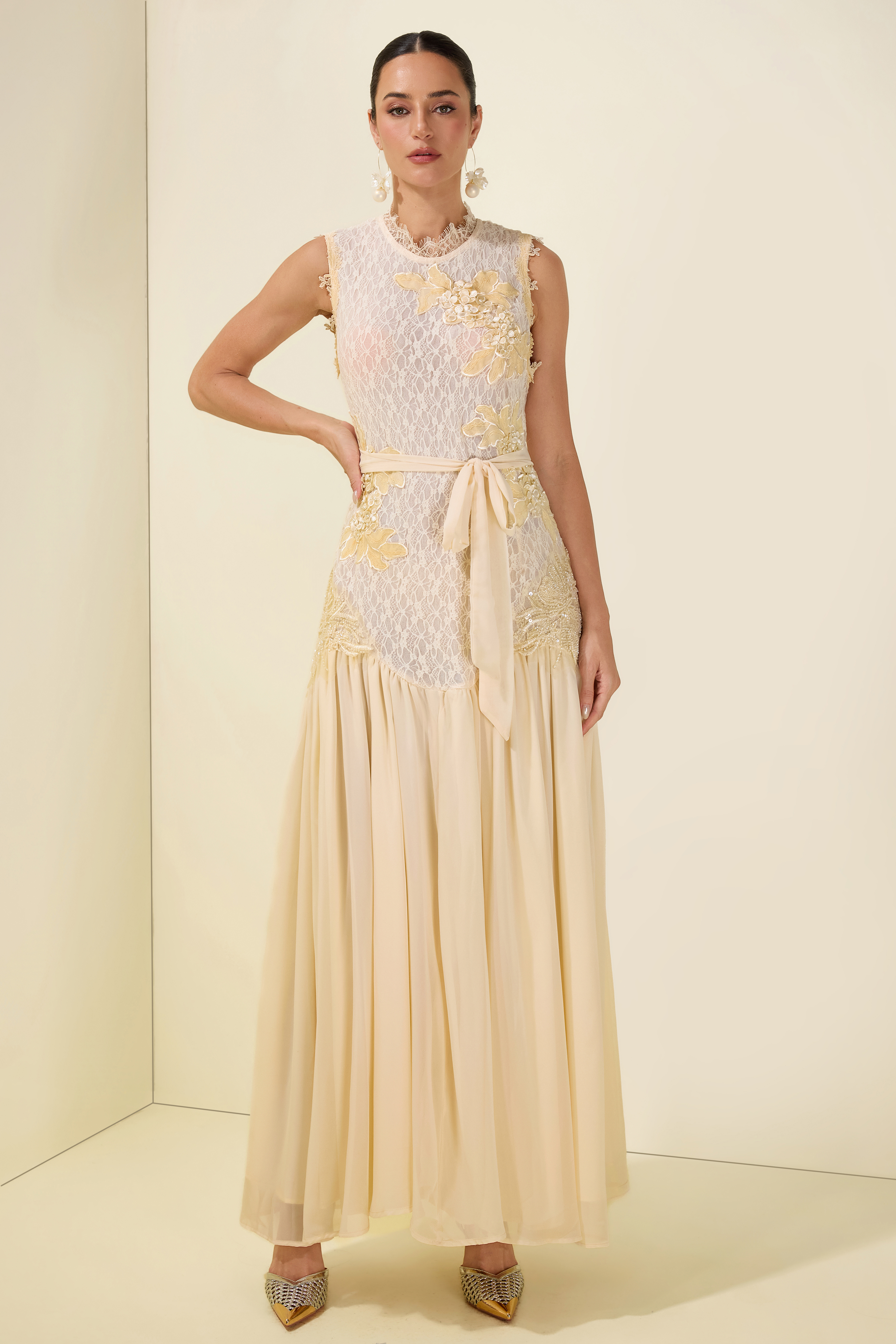 Lace Floral Sleeveless With Belt Midi Dress