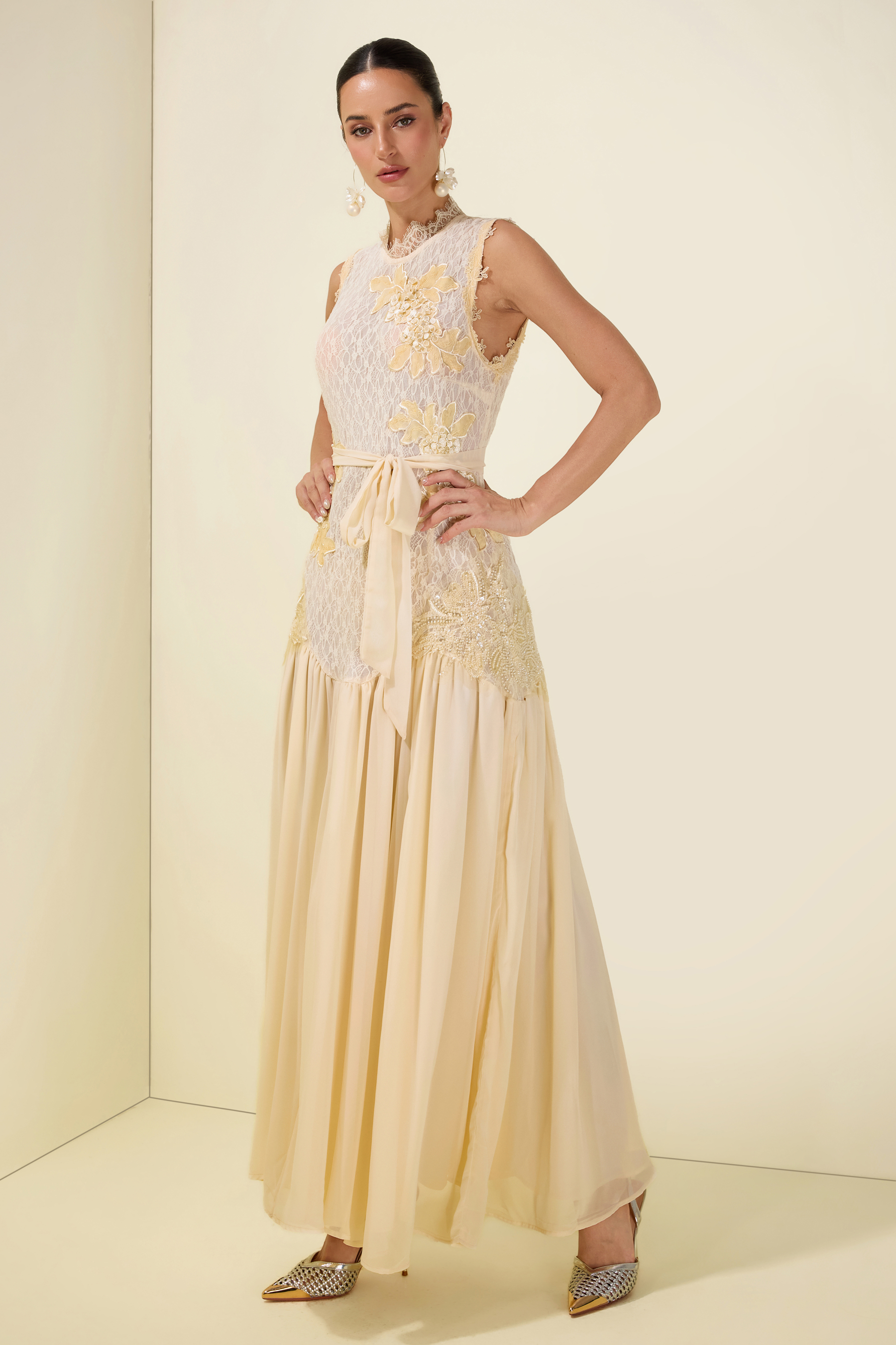 Lace Floral Sleeveless With Belt Midi Dress