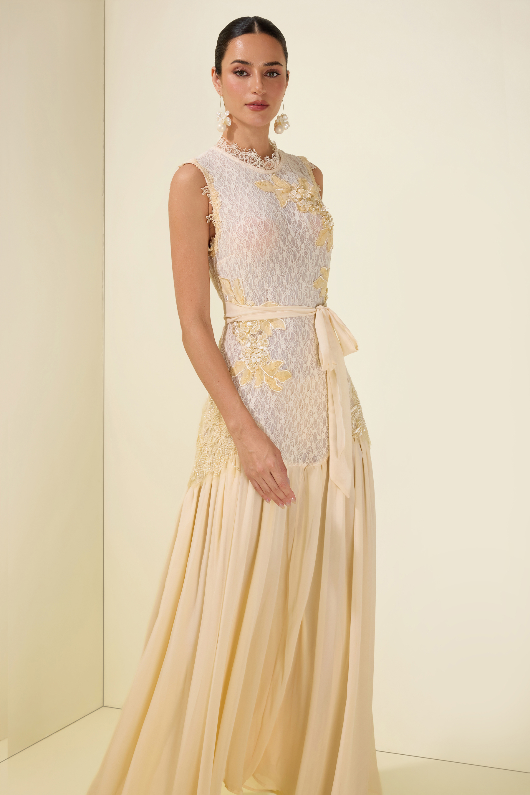 Lace Floral Sleeveless With Belt Midi Dress