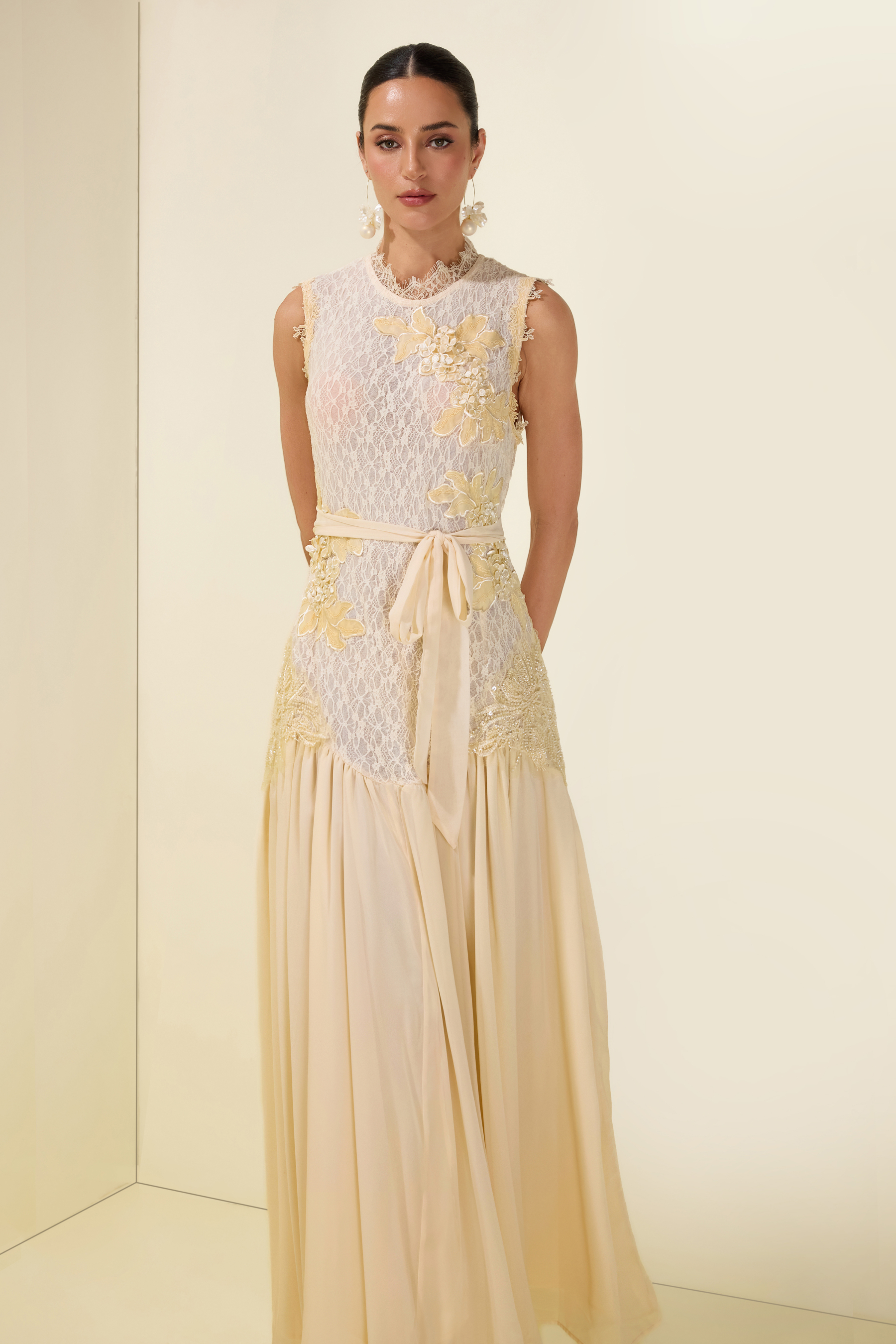 Lace Floral Sleeveless With Belt Midi Dress
