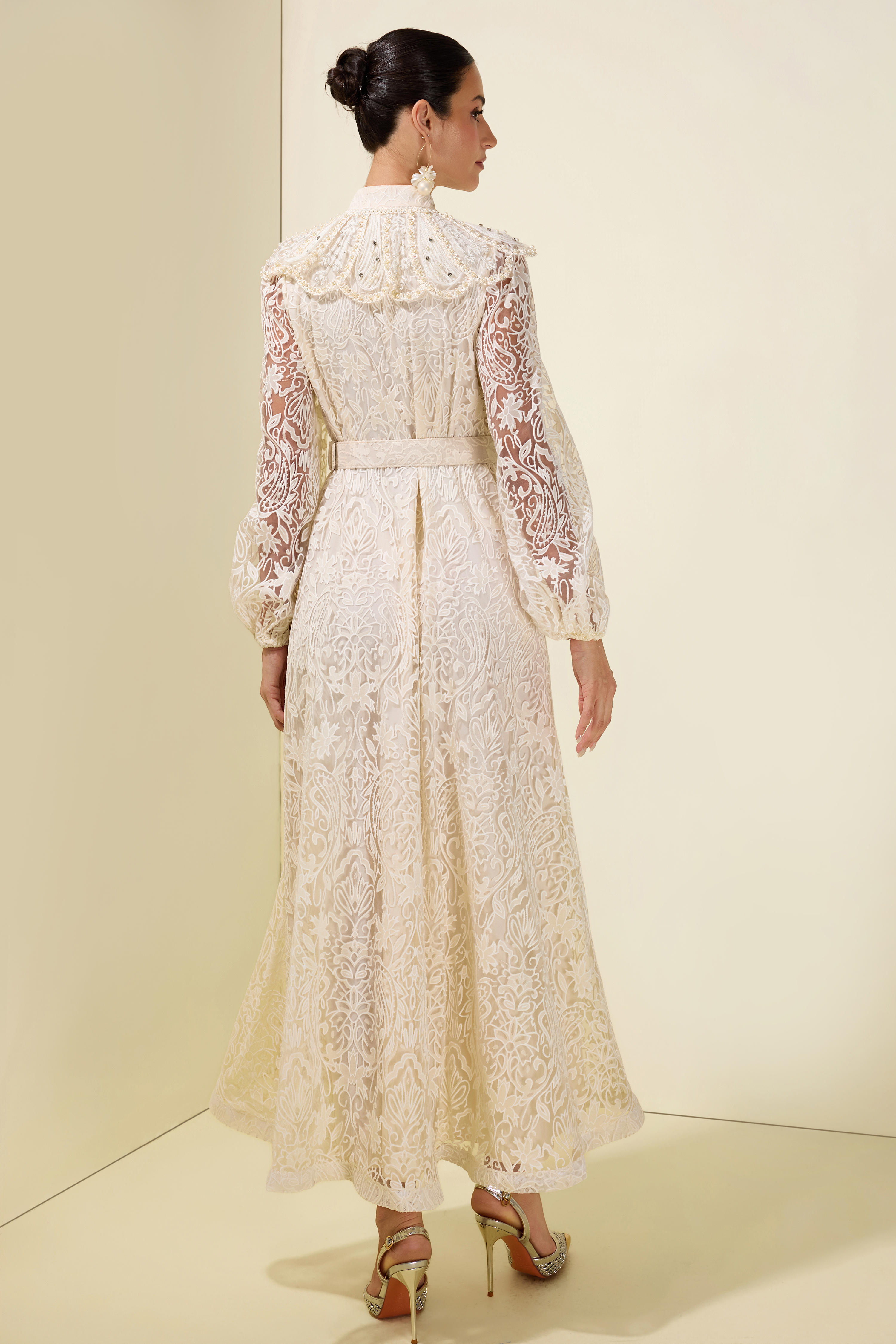 Burn-Out Faux Pearl Midi Dress With Belt