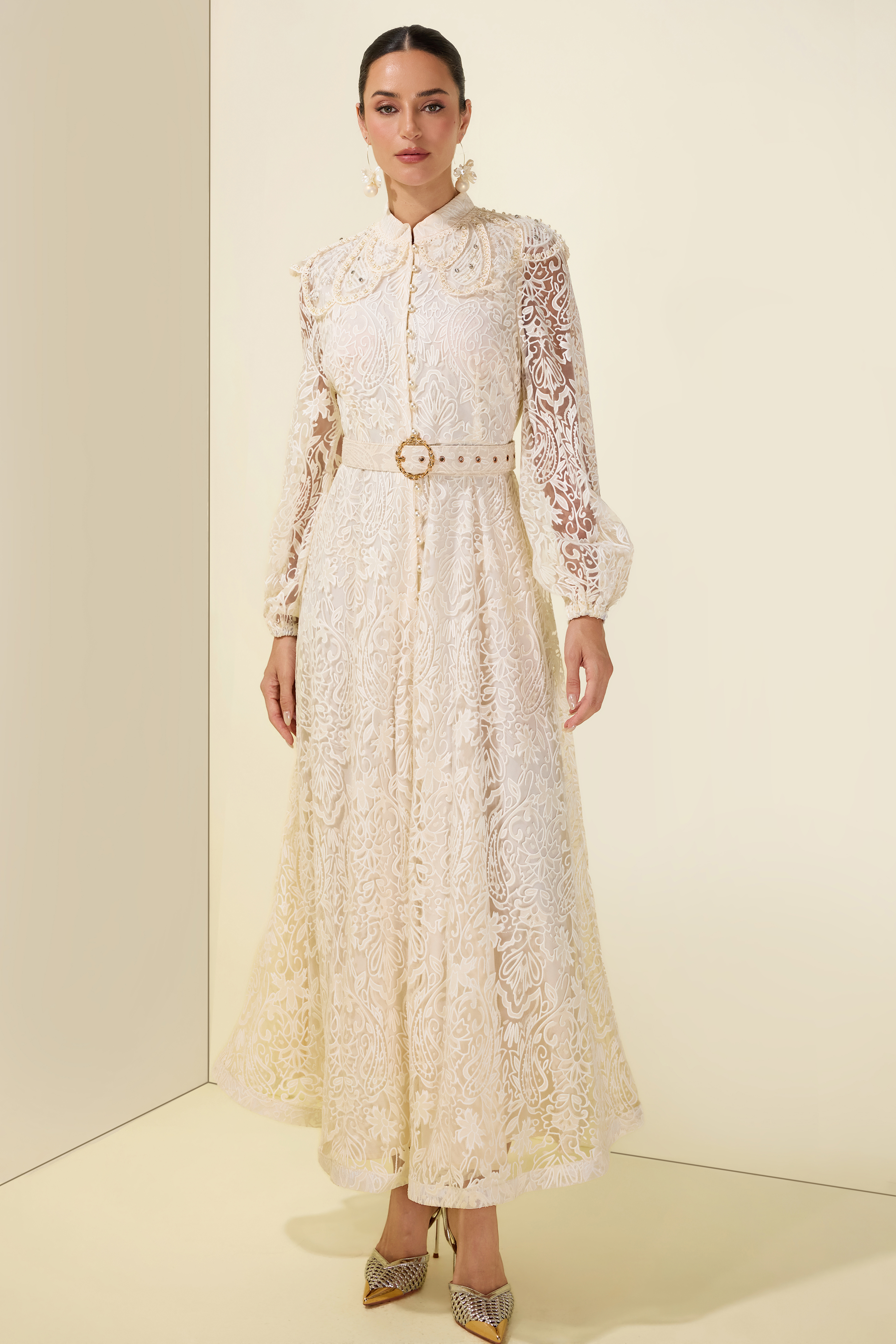 Burn-Out Faux Pearl Midi Dress With Belt